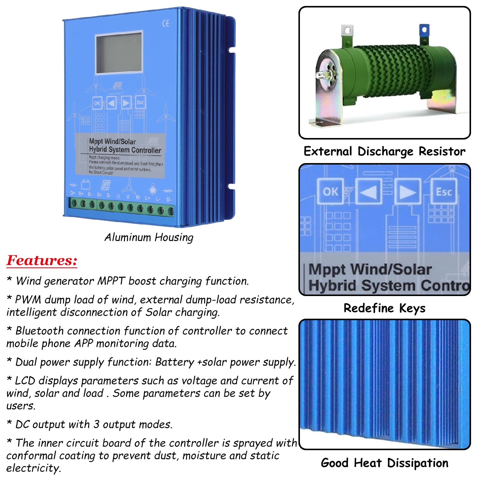 18000W 12V/24V/48V Hybrydowy Regulator Ładowania Wiatrowego i Słonecznego, Kontroler MPPT z Automatycznym Rozpoznaniem Off Grid i Ekranem LCD,24V