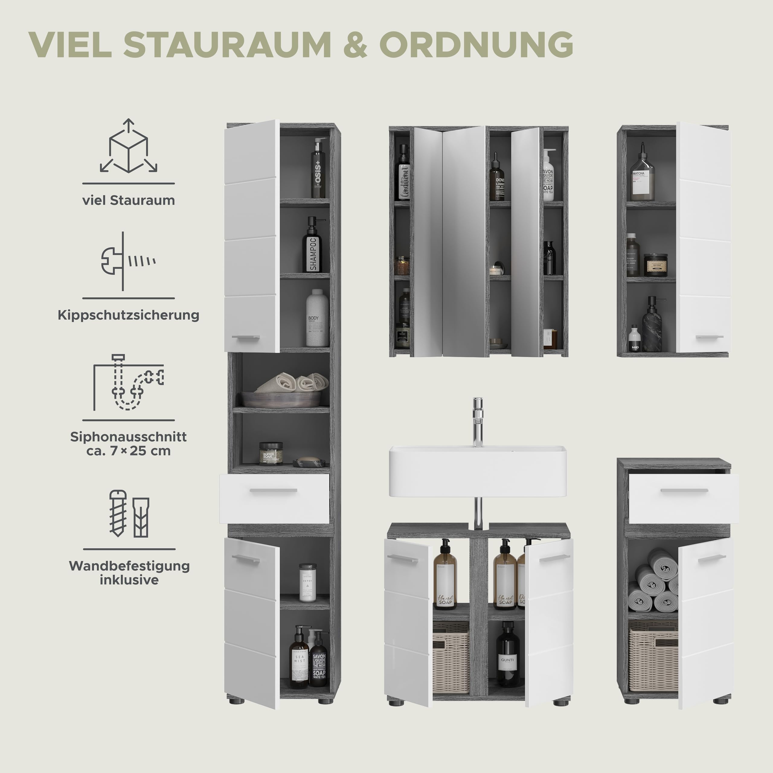 xonox.home Badezimmer Blake 5tlg. Kombination Badmöbel Set Set für kleine Bäder Komplettprogramm Badezimmer Bademöbel-Set in weiß Hochglanz, rauchsilber Nachbildung