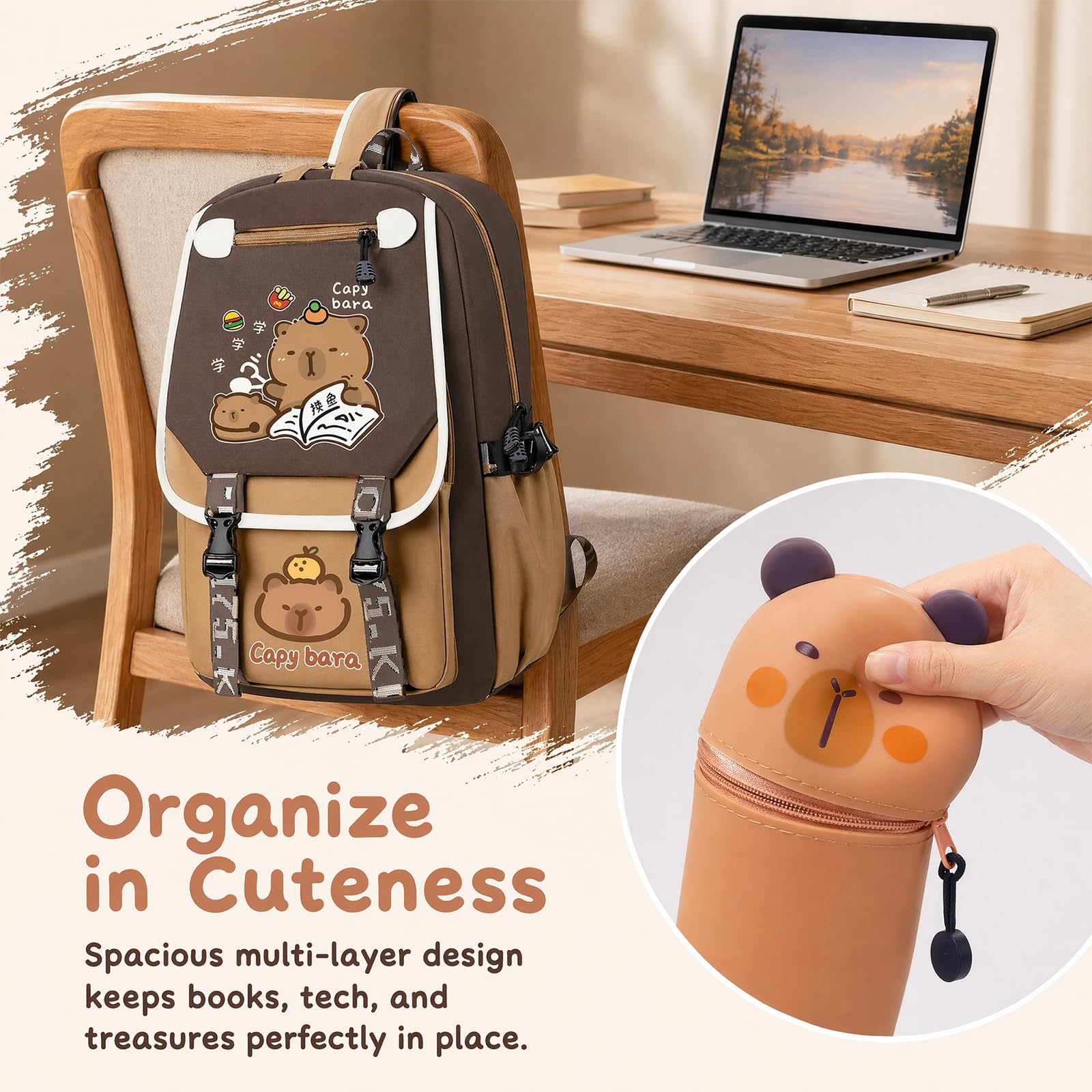 Mochila Infantil Capybara con Estuche y Bolígrafos Borrables, Marrón 1