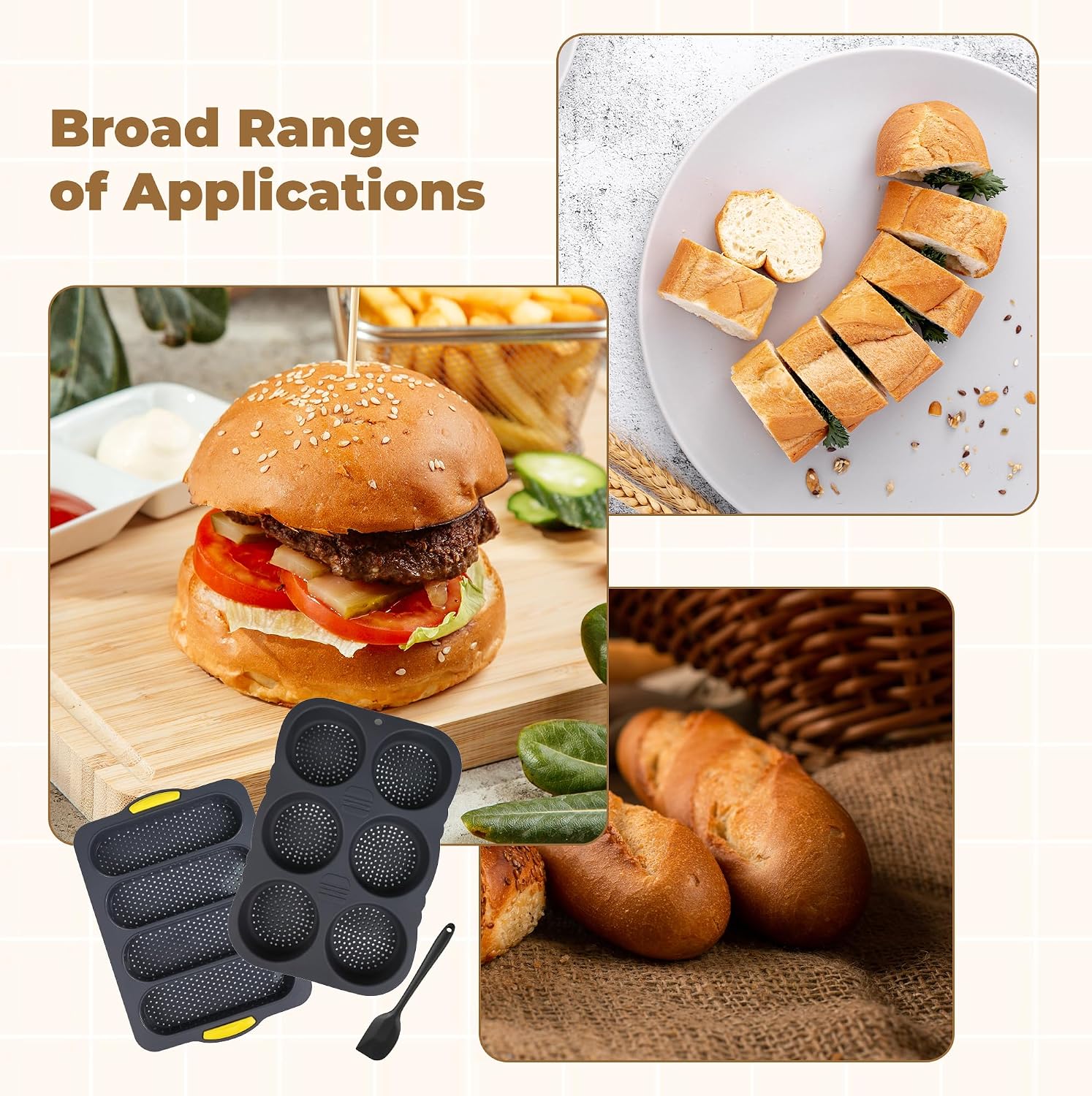 3PCS Silicone Hamburger Bun Mold and Baguette Pan Set, Non-stick French Bread Baking Mould with Scraper for Homemade Bread Loaf Sandwich, 4 Wave Sub Roll Tray + 6 Cup Hamburger Bun Mold