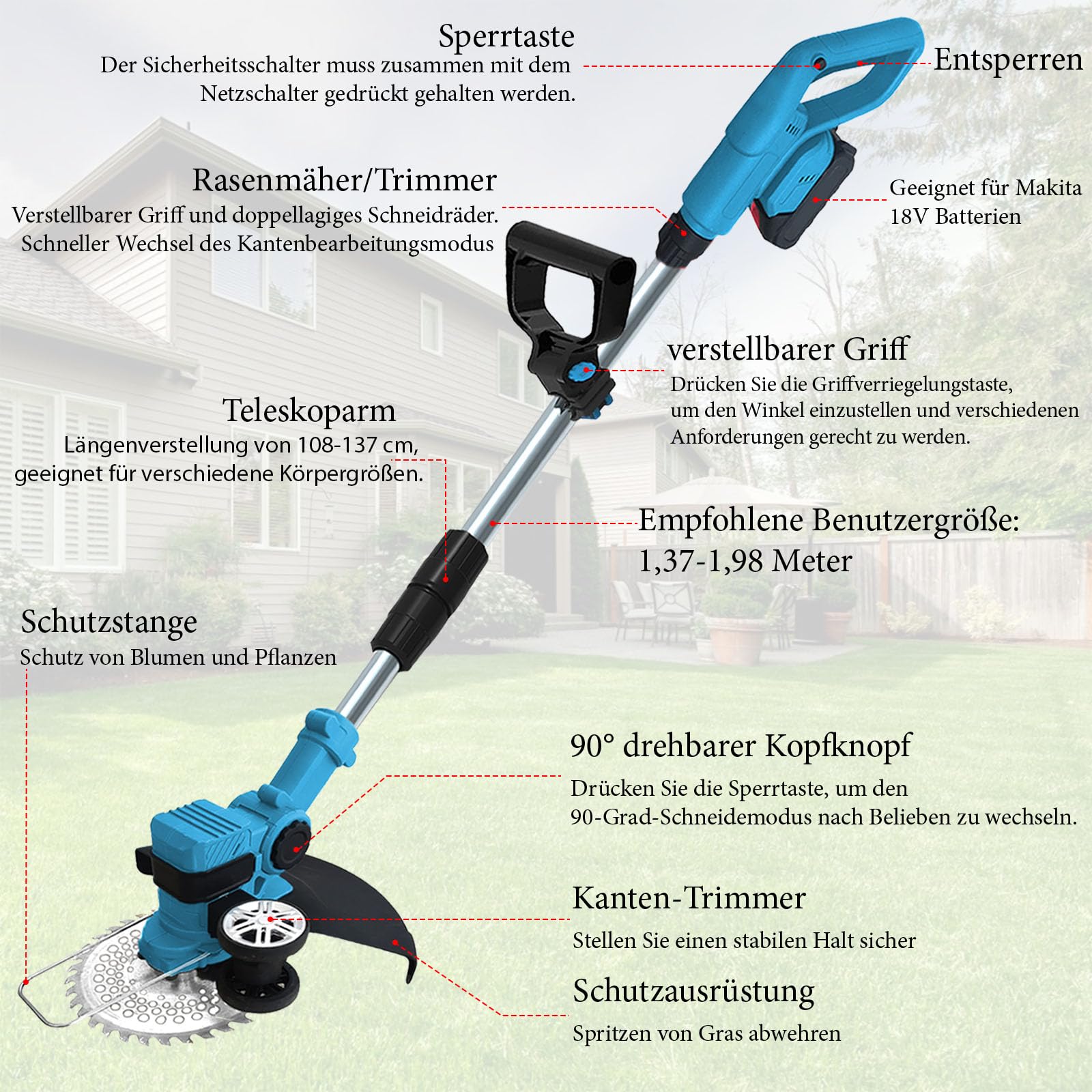 Akku Rasentrimmer kompatibel mit Makita-Akkus mit 4 verschiedenen Messertypen Bürstenloser Rasentrimmer mit 2 x 21V-Akkus Rasenkantenschneider Akku-Motorsense für Garten