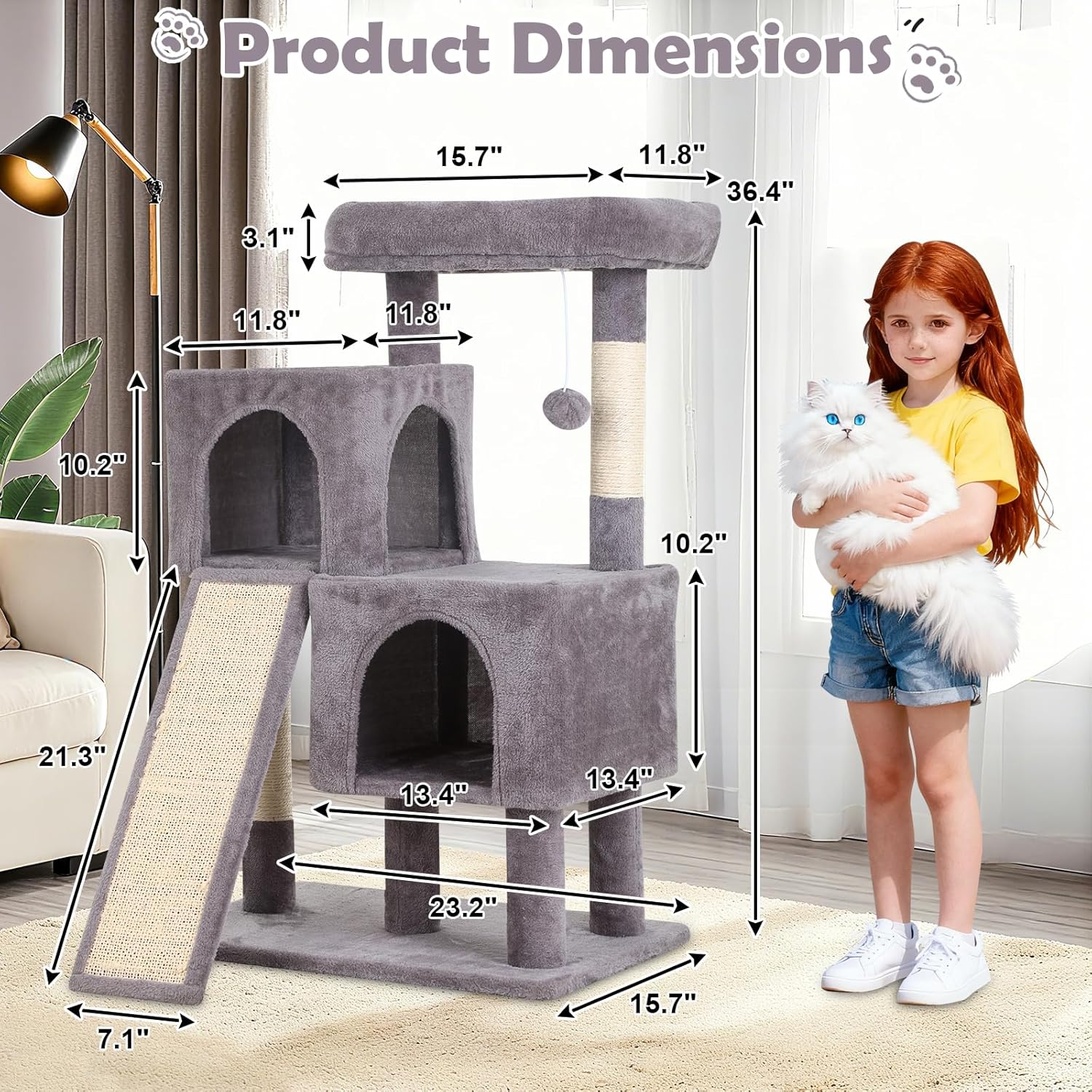 36 Inches Cat Tree for Indoor Cats, Multi-Level Cat Tower with Scratching Posts, Ramp, Plush Perch & 2 Condos, Stable for Multiple Cats Kittens House & Small Room(Ashy)