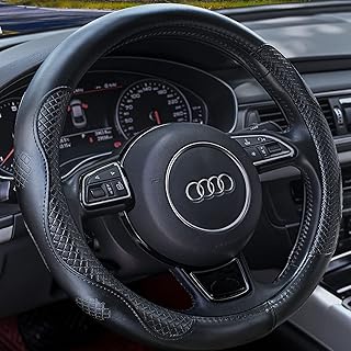 Haokay Funda de volante de piel de vaca pura, funda de volante de cuero genuino negro para hombres y mujeres, universal de 14.5 a 15 pulgadas