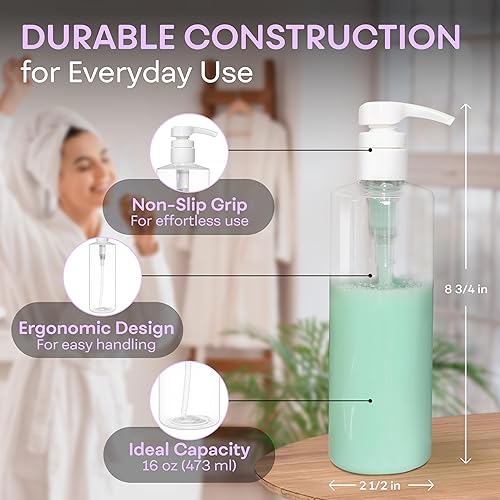 Miniatura 3 de BRIGHTFROM Botellas vacías de bomba de loción de 16 onzas, recipientes recargables sin BPA, PET de plástico, ideal para jabón, champú, lociones,