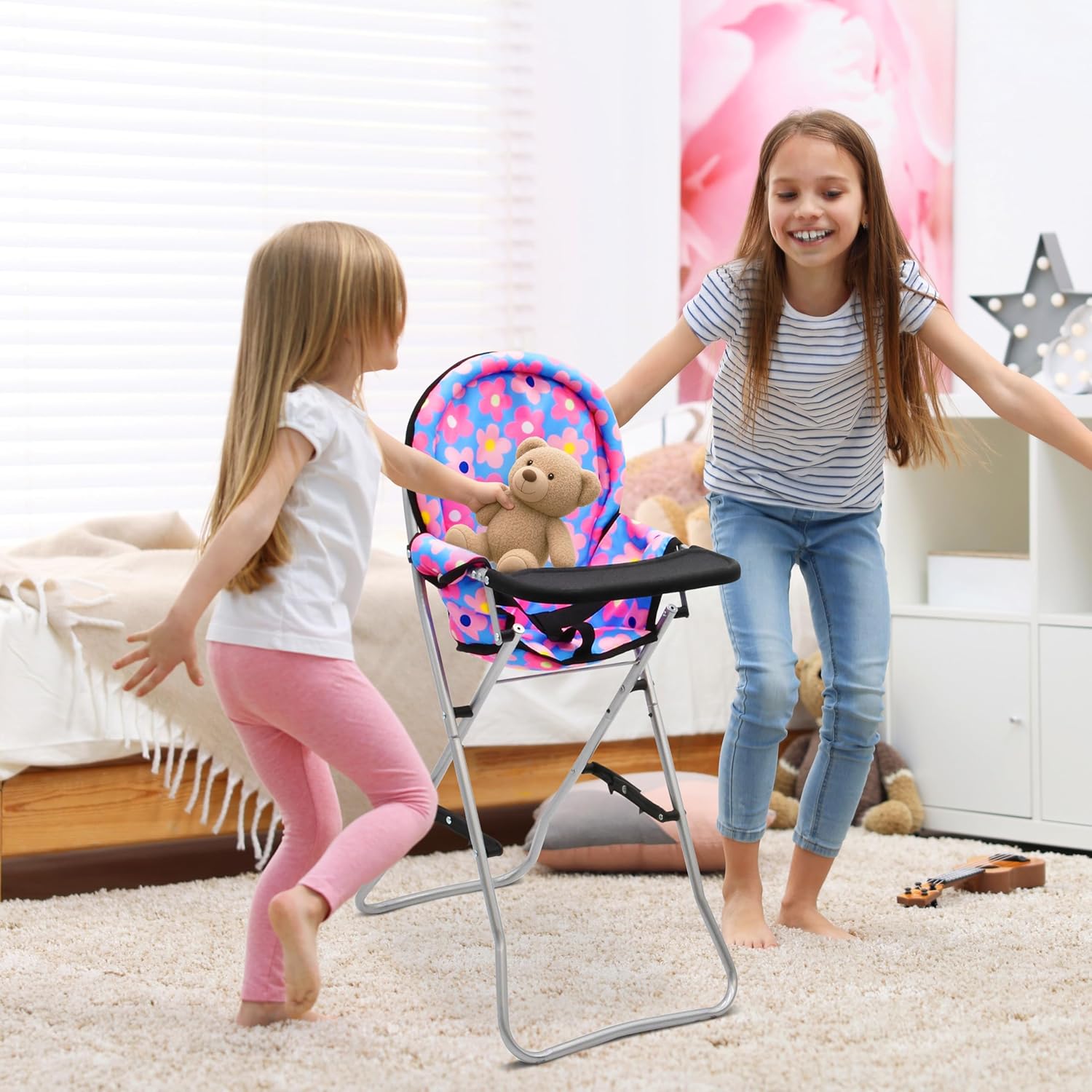 Baby Doll High Chair Foldable with Tray for Girl Pretend Play Toy Feeding Seat for Toddlers Children Compact Toy Furniture Blue