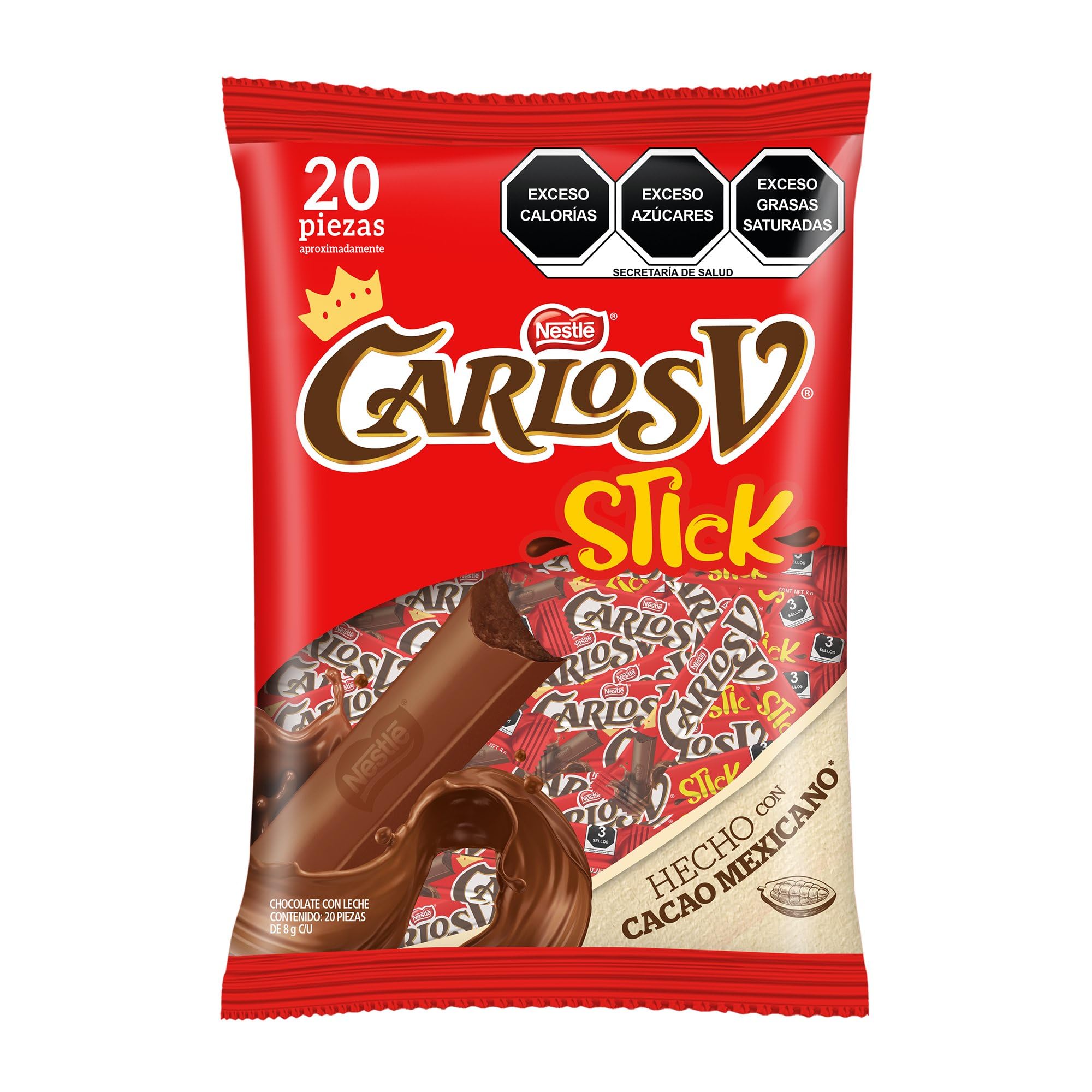 Chocolate con Leche Carlos V Stick Bolsa con 20 Piezas de 8g c/u