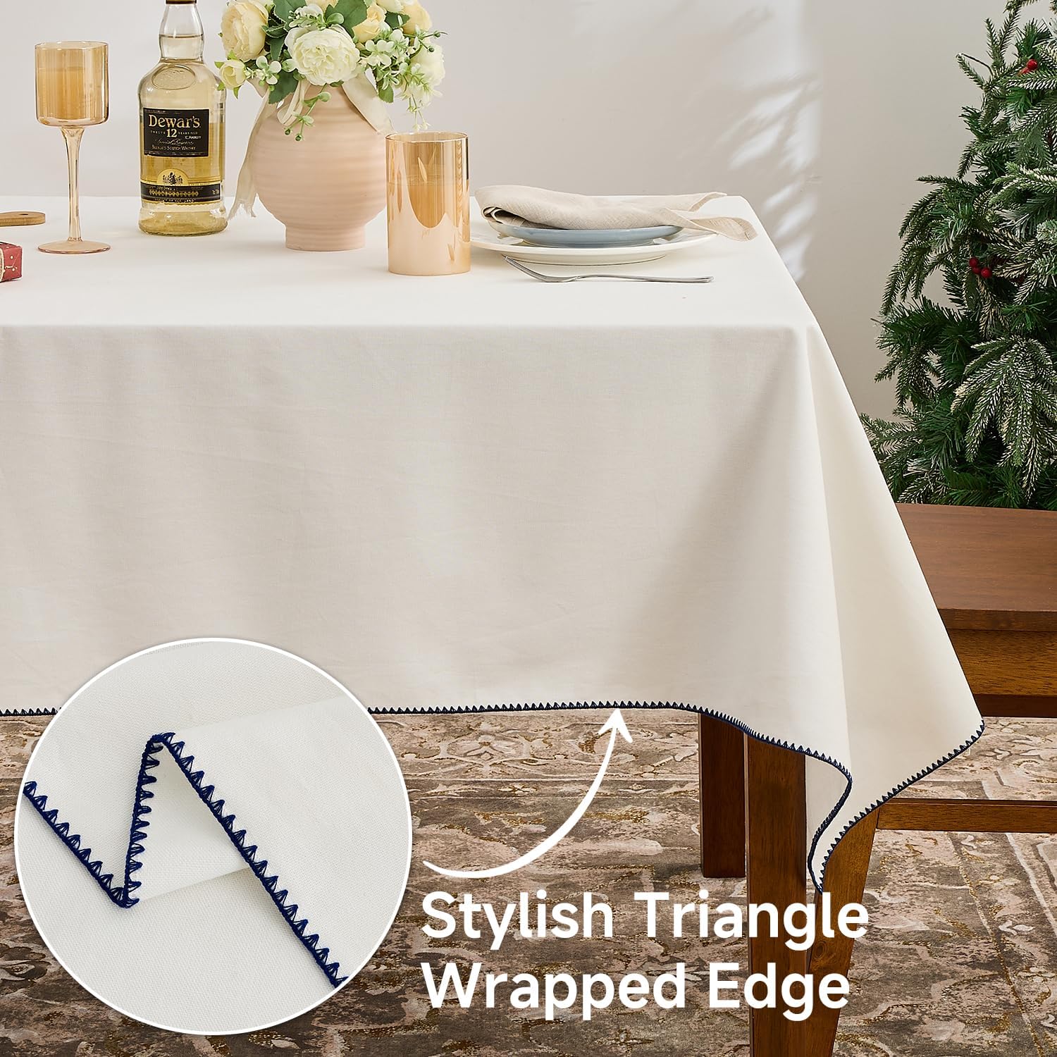 Simple&Opulence 100% Cotton Rectangle Tablecloth 58x120, 8Ft Knitted Textured Canvas Waterproof Washable Table Cloth, Farmhouse Dining Tabletop for Kitchen, Wedding Party, Outdoor, 10-12 Seats(White)