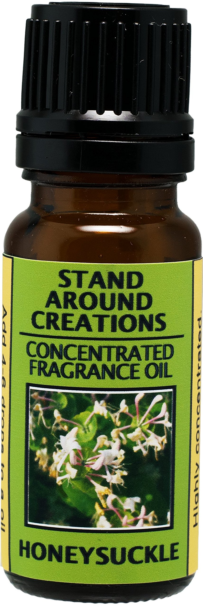 Concentrated Fragrance Oil - Scent - Honeysuckle : A strong floral bouquet, hints of pear w/a sweet cotton candy note. Infused w/essential oil. (.33 fl.oz.)
