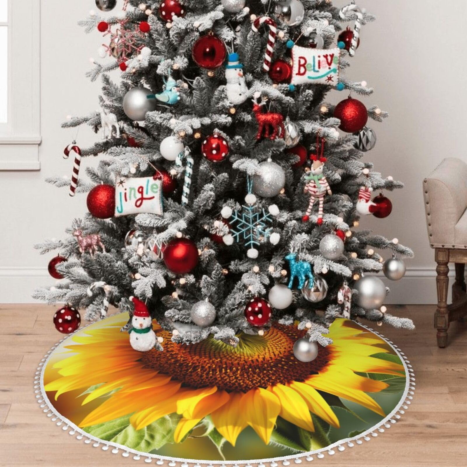 Jupe de sapin de Noël 121,9 cm à pompons avec un motif tournesol