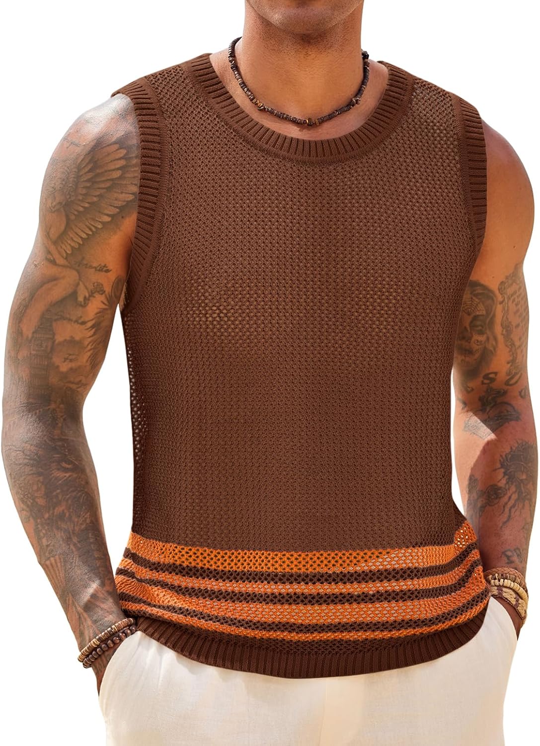 Runcati Mens Sleeveless Tank Tops Knitted Hollow Out Crochet T-Shirts Muscle Summer Beach Color Block Shirts