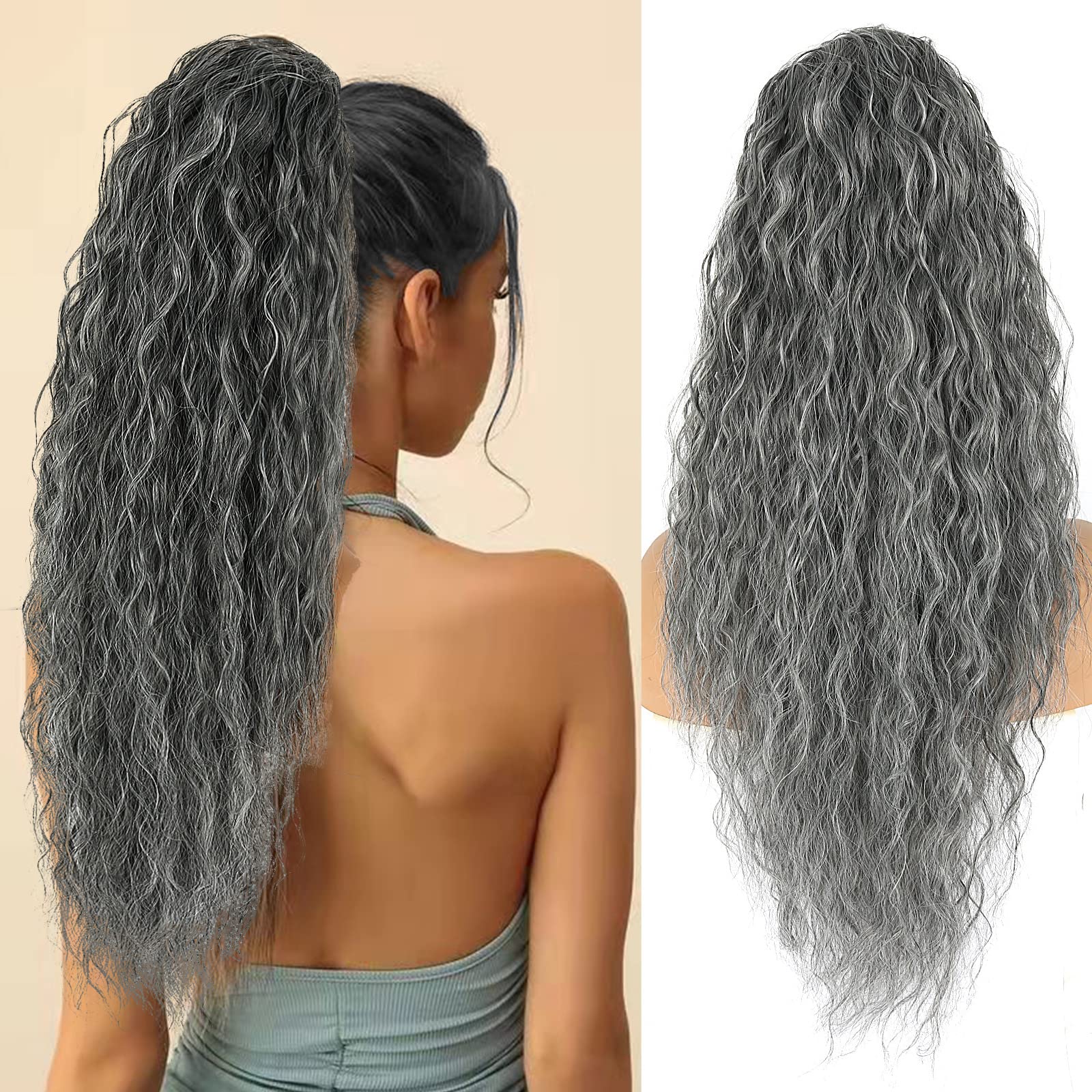 Aisaide Grey Wavy Drawstring Ponytail Extension for Black Women Synthetic 28Inch Long Curly Wavy Gray Ponytail Extension Clip in Curly Ponytail Hair Extensions Hair Piece