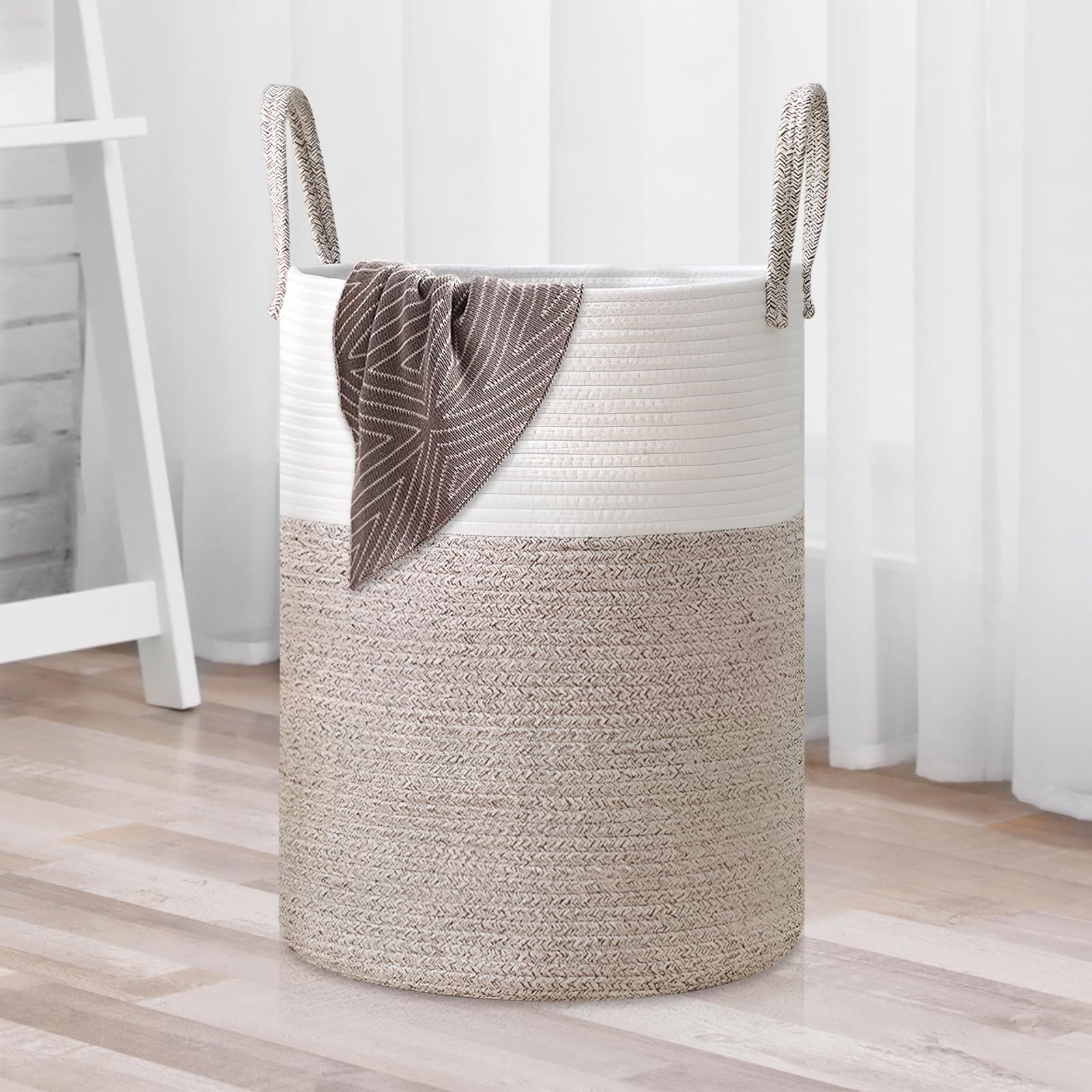 Dokeno Aufbewahrungskorb, 60 L – Geflochtener Wäschekorb Mit Griffen, Braun-weiß, 38x50 Cm