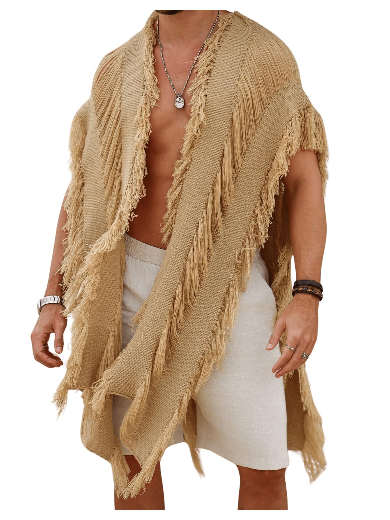 verdusa Men's Knit Poncho Fringe Loose Cardigan Cape Knit Shawl Wrap Beach Vacation Outfits-picture-26