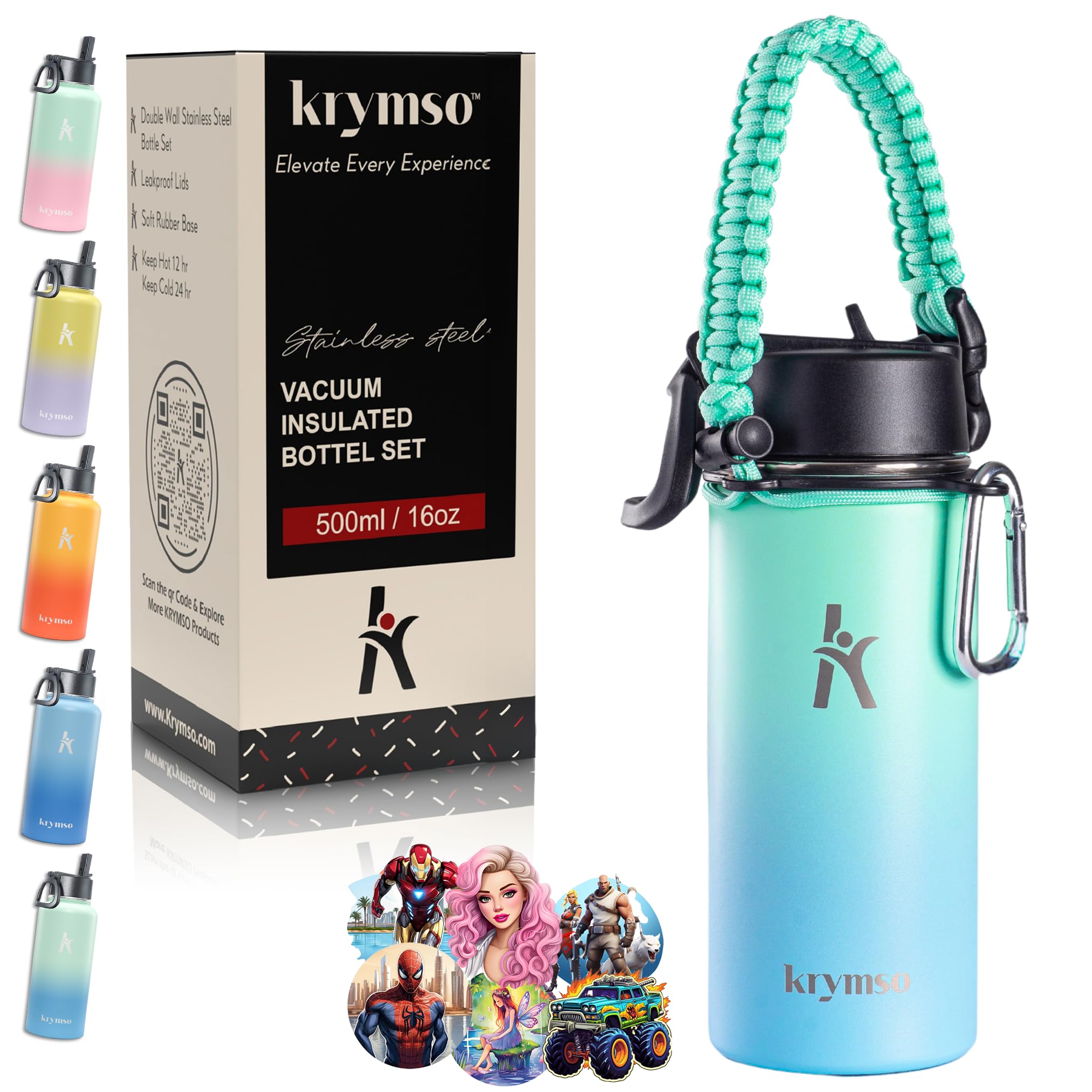 500ml Stainless Steel Water Bottle with Ai Stickers for Kids with Straw, Thermos, Insulated Cup, Water 500ml with (Aqua Sky)