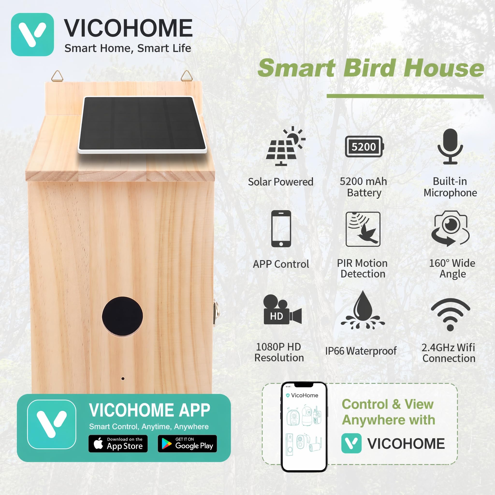 Smart Vogelhaus mit Kamera, 1080P HD Kabelloses Vogelhaus für draußen mit Nest Auto Capture Foto & Video, solarbetrieben 2.4G WiFi & App Benachrichtigung 32G SD-Karte Wasserdichtes Holz Vogelhaus