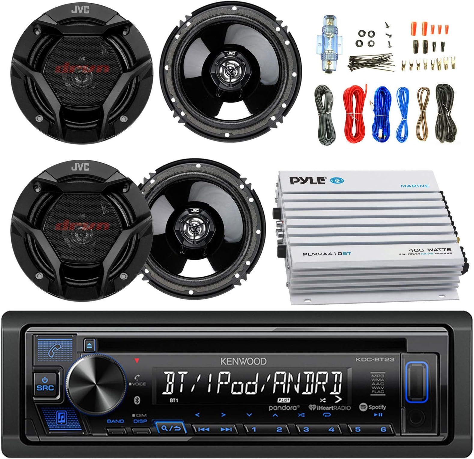 Kenwood KDCBT23 Car CD Player Receiver Bluetooth USB AUX Radio - Bundle Combo with 4X JVC CSDR620 6.5" Inch 300-Watt 2-Way Black Audio Coaxial Speakers + + 4-Channel Amplifier + Amp Kit