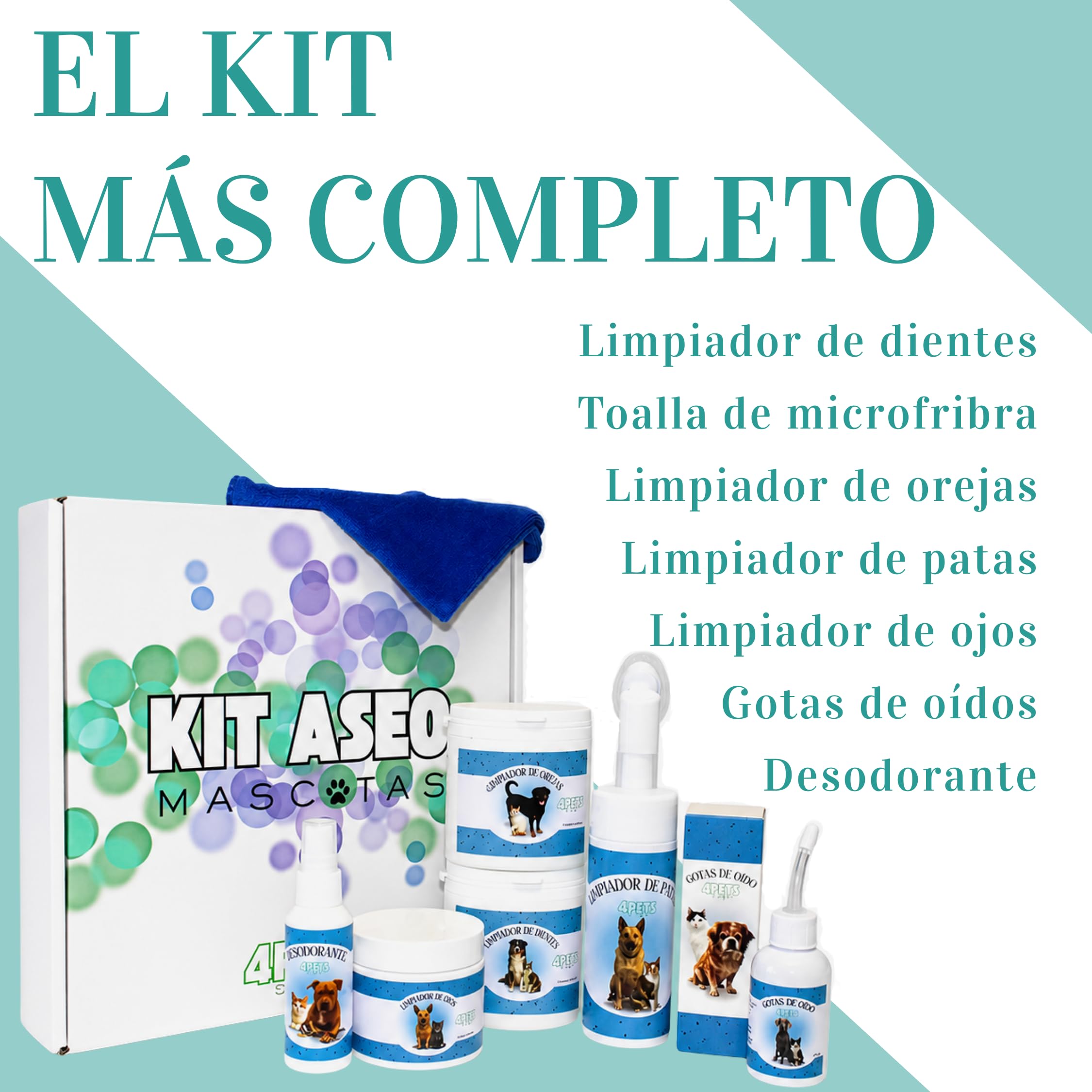 Kit de Higiene para Perros y Gatos 7 en 1 | Limpieza Completa de Ojos, Oídos, Patas y Dientes | Productos Naturales sin Alcohol | Incluye Toalla de Microfibra | Ahorra tiempo y dinero con un único kit que reúne 7 productos esenciales para la higiene diari