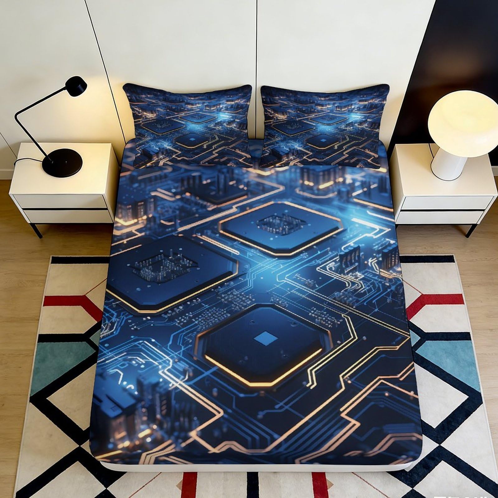 3D Printed Circuit Board Fitted Sheet Microfiber Blue Tech Pattern Mattress Cover for Bedroom Dorm Decor 90x200x25cm