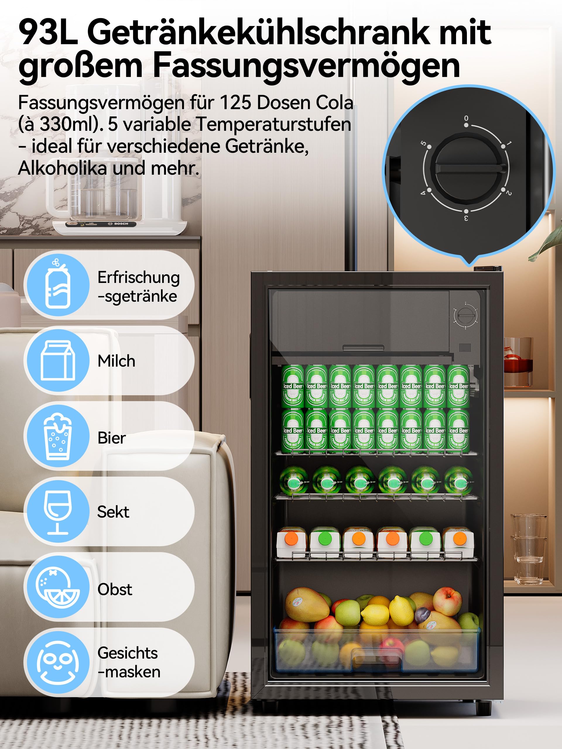 Devoko Getränkekühlschrank 93L Minikühlschrank mit Glast RGB LED Lichtern verstellbare Einlegeböden Minibar Schwarz