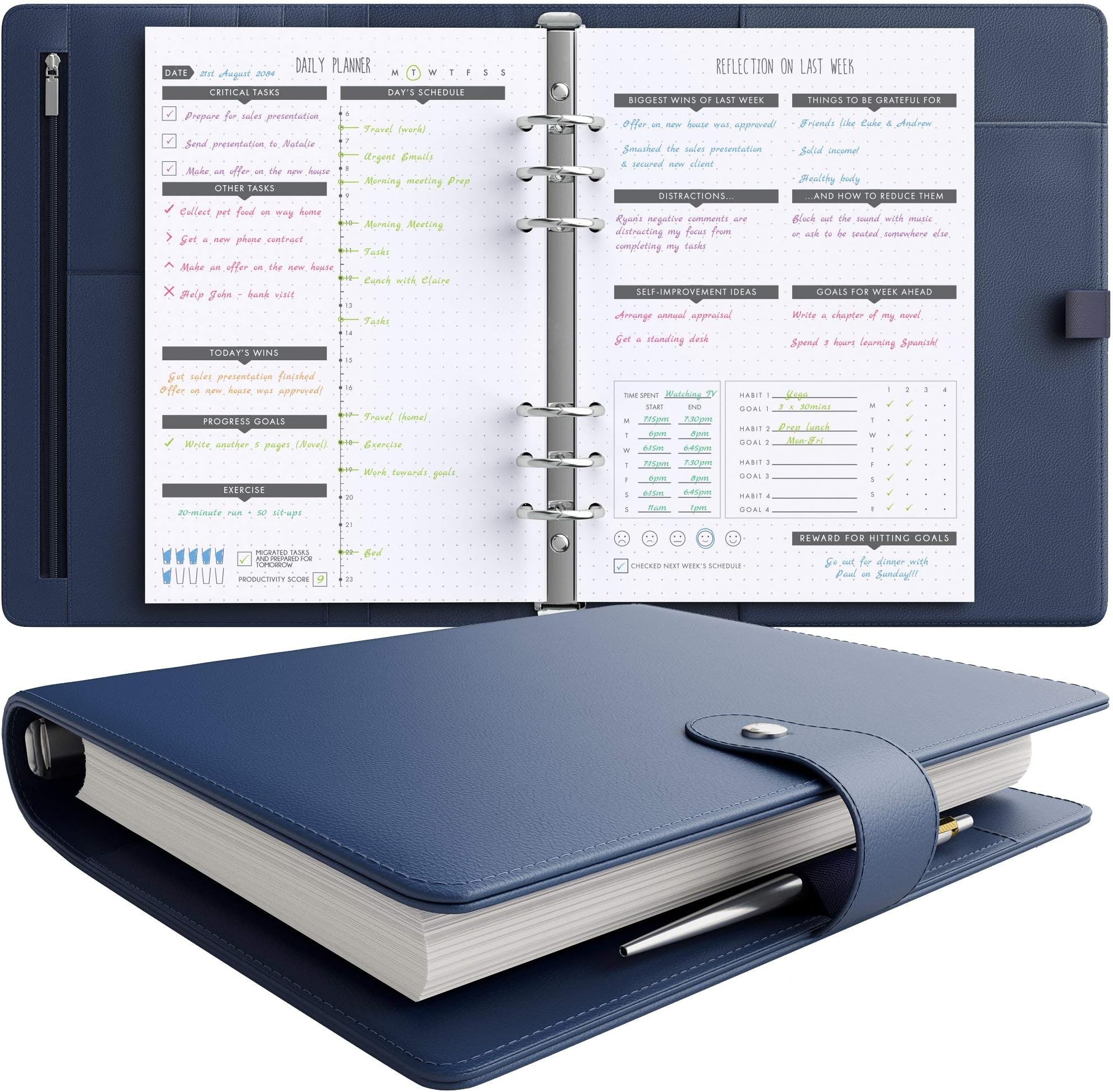 [MSRP $50 - Sale] LUX PRO Productivity Planner - Best A5 Undated Diary/Organizer for 2020/2021 - Daily Schedule & Reflection Journal - Manage Time/Projects/Finances - Goals & Gratitude (Navy Blue)