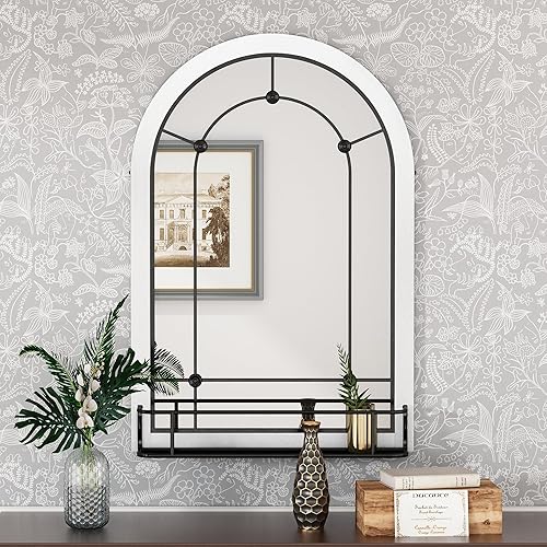 AZODY Espejo de pared de ventana arqueada con estante, espejo de entrada colgante blanco de 36 x 24 pulgadas, espejos decorativos para decoración de