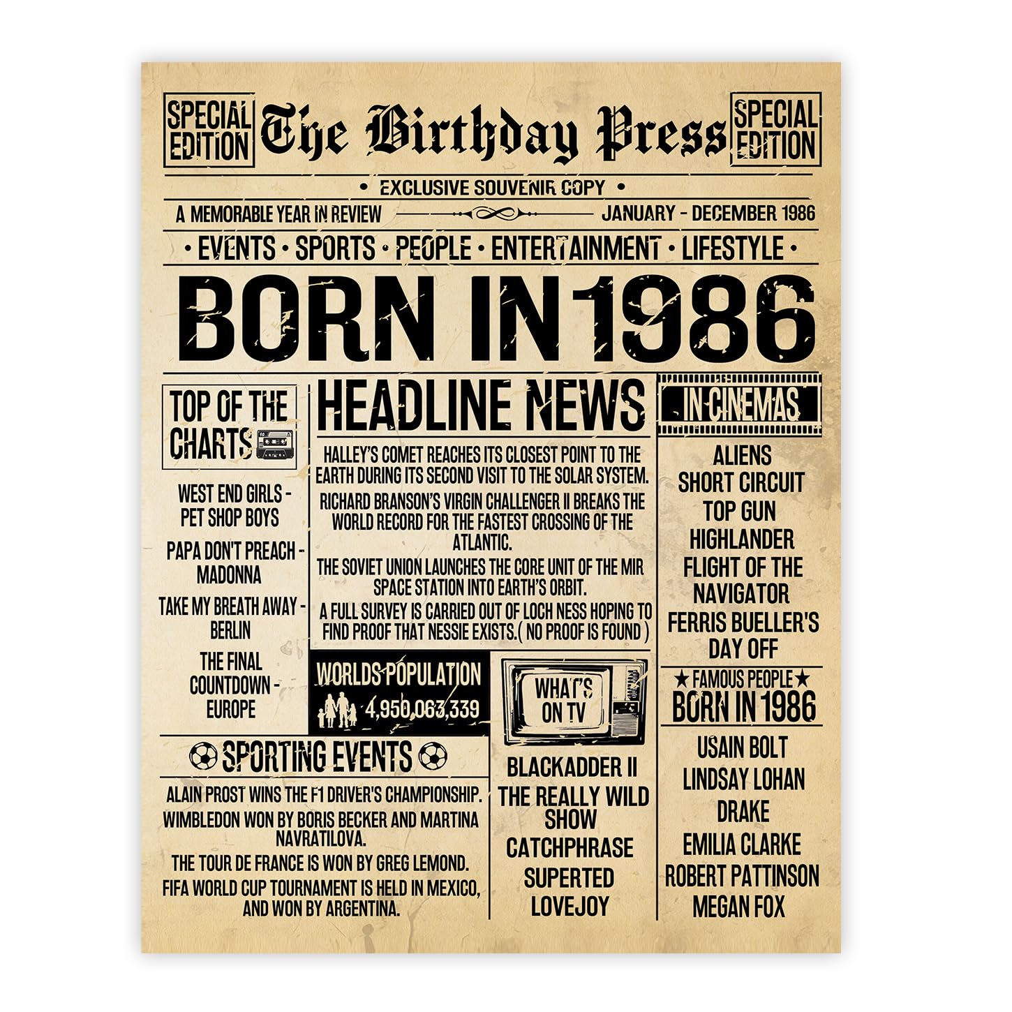 Stuff4 40th Birthday Poster Unframed - Born In 1986 Vintage Newspaper - Happy 40th Birthday Gifts for Women Men Retro Back In 1986, 8x10 Inch Decor Decoration Bday Party