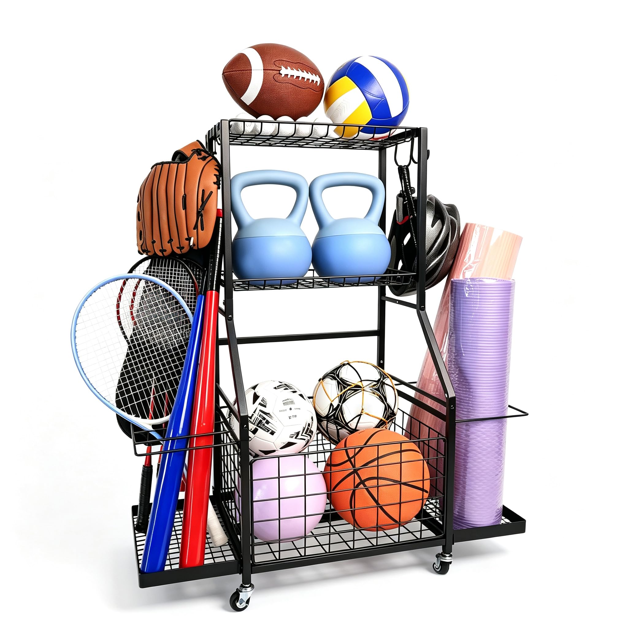 Garagen-Sportgeräte-Organizer, Garagenregal mit Haken und Rädern, Sportorganizer & Ballablage für Fußball, Fussball, Schläger und Spielzeuge