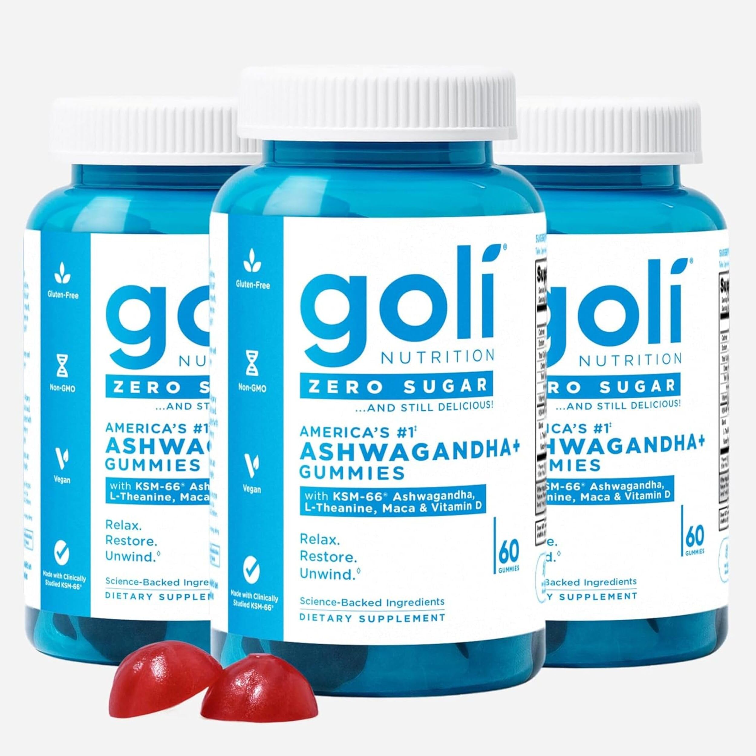 Goli Zero Sugar Ashwagandha &amp; Vitamin D, Maca, L-Theanine Gummies, No Artificial Sweeteners, No Sugar Alcohols. Mixed Berry, KSM-66, Vegan, Plant Based, Non-GMO, Gluten-Free &amp; Gelatin Free. (3)