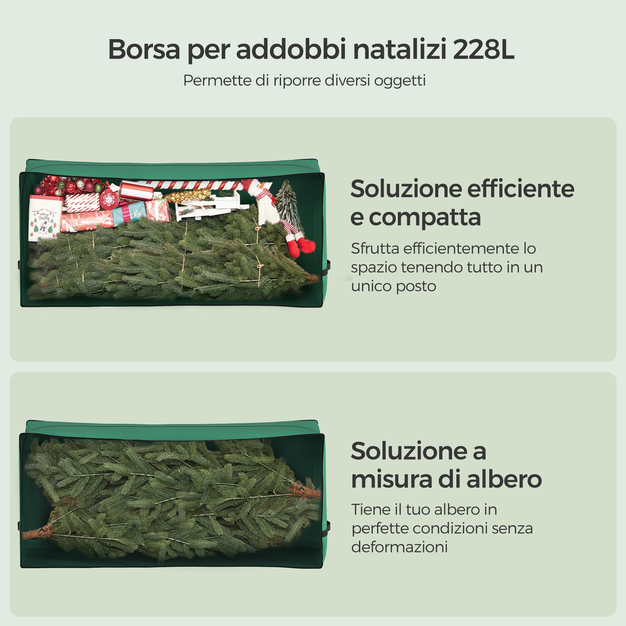 SONGMICS Custodia Porta Albero di Natale, Sacco per Albero Artificiale fino a 210 cm, Borsa in Tessuto Oxford 600D Impermeabile e Antipolvere, Pieghevole, Maniglie Spesse, Verde RXS003G03