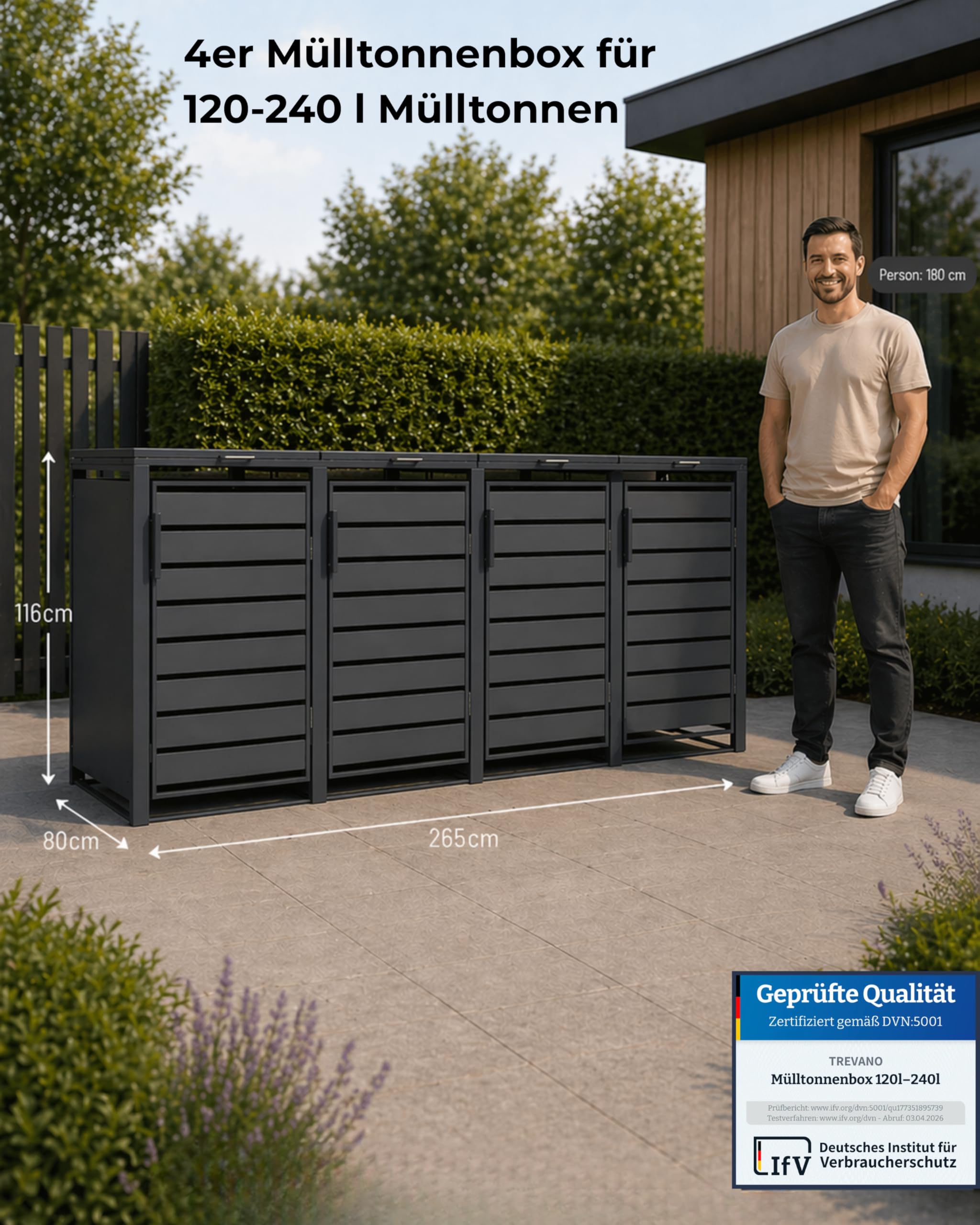 TREVANO Mülltonnenbox 4er 240l - Mülltonnenverkleidung 4 Tonnen Anthrazit - Robustes Mülltonnenhaus aus Stahl - Wetterbeständige Müllboxen für 4 Tonnen - Mülltonnen Unterstand 120l-240l