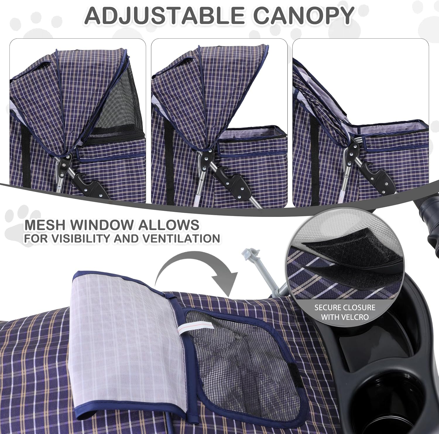 Plaid Foldable Dog Stroller with Storage and Cup Holder
