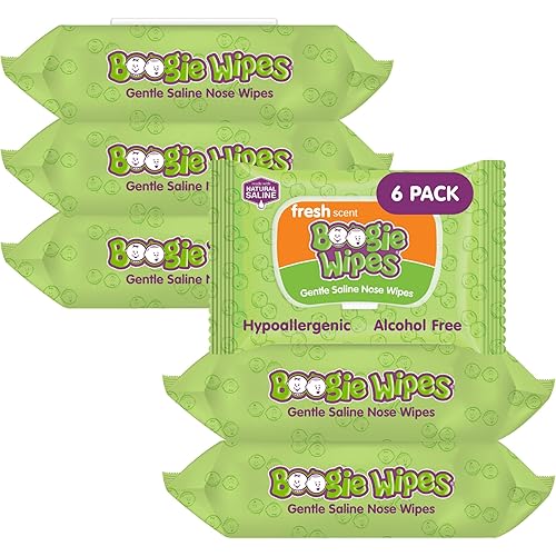 Boogie Wipes Saline Nose Wipes - 180 Count - Fresh Scent, Hypoallergenic & Alcohol-Free - Allergy Relief - Made with Natural Saline, Aloe, Chamomile & Vitamin E - Diaper Bag Essential