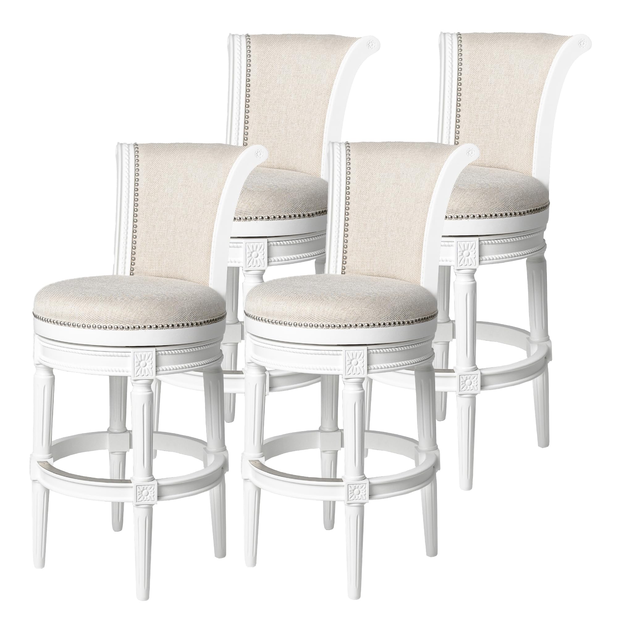 (pickup 4 boxes) Maven Lane Pullman Bar Stool 31 Inches – Set of 4 – Swivel Stools with Footrest – White Solid Wood Frame & Cream Fabric Upholstery – Perfect for Bars, Pub Tables & Tall Kitchen Counters