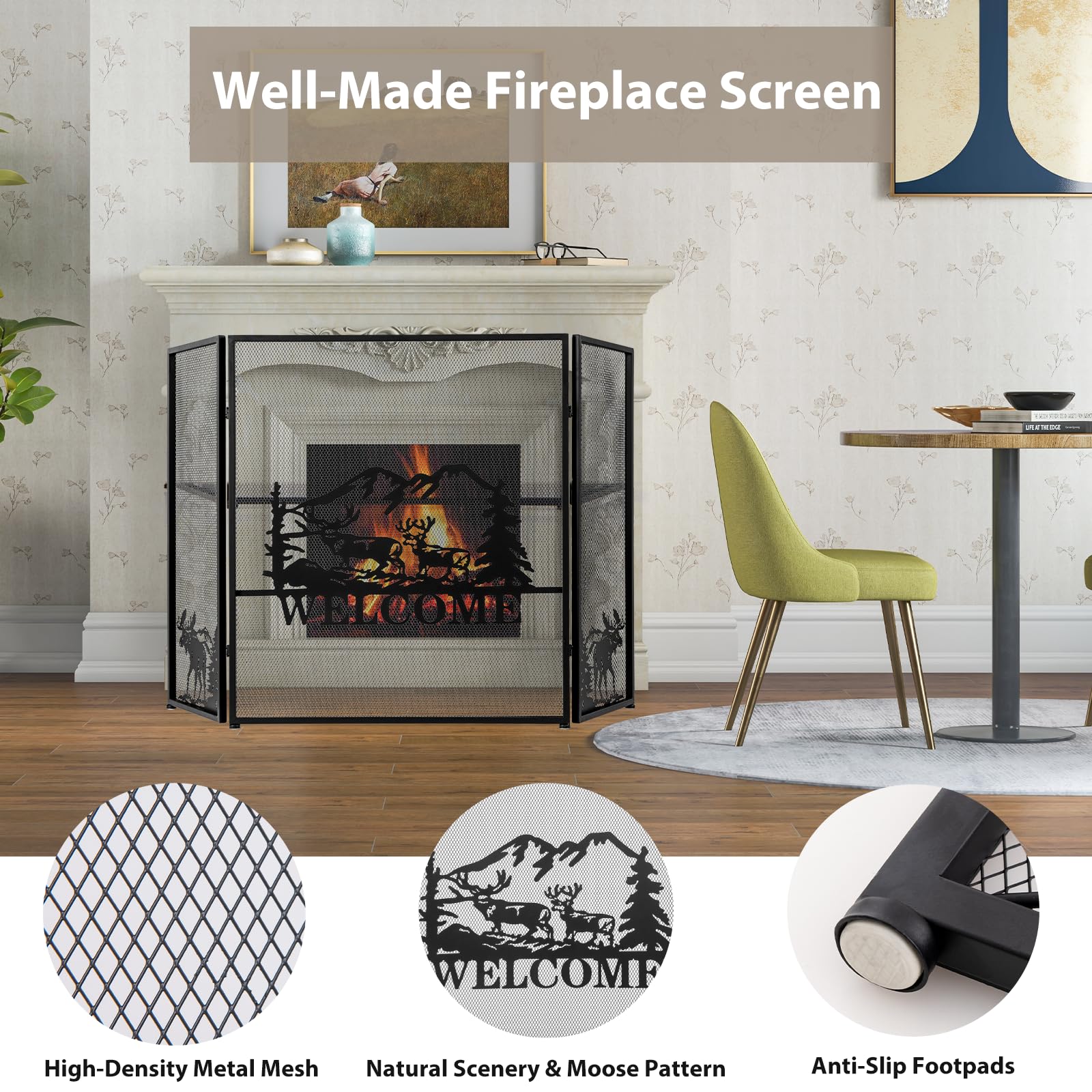 LIFEZEAL Griglia di protezione antincendio pieghevole in metallo, 3 pezzi, 132 x 79 cm, copertura parascintille per camino aperto, pannelli in ferro battuto, colore nero