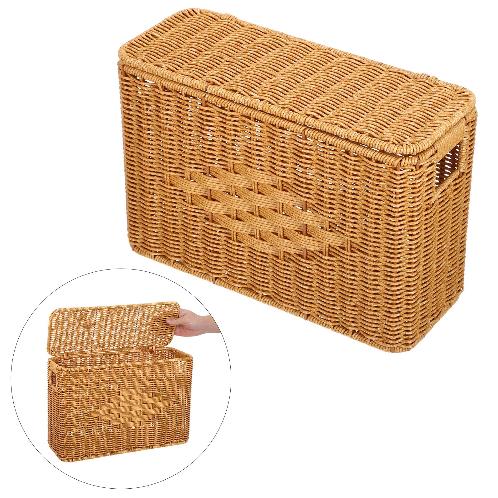 Rechteckiger Aufbewahrungskorb mit Deckel 38x26, 4x14, 9cm | Rattanimitat, Schmal und Hoch, Handgeflochtene Optik, für Regal und Kleiderschrank