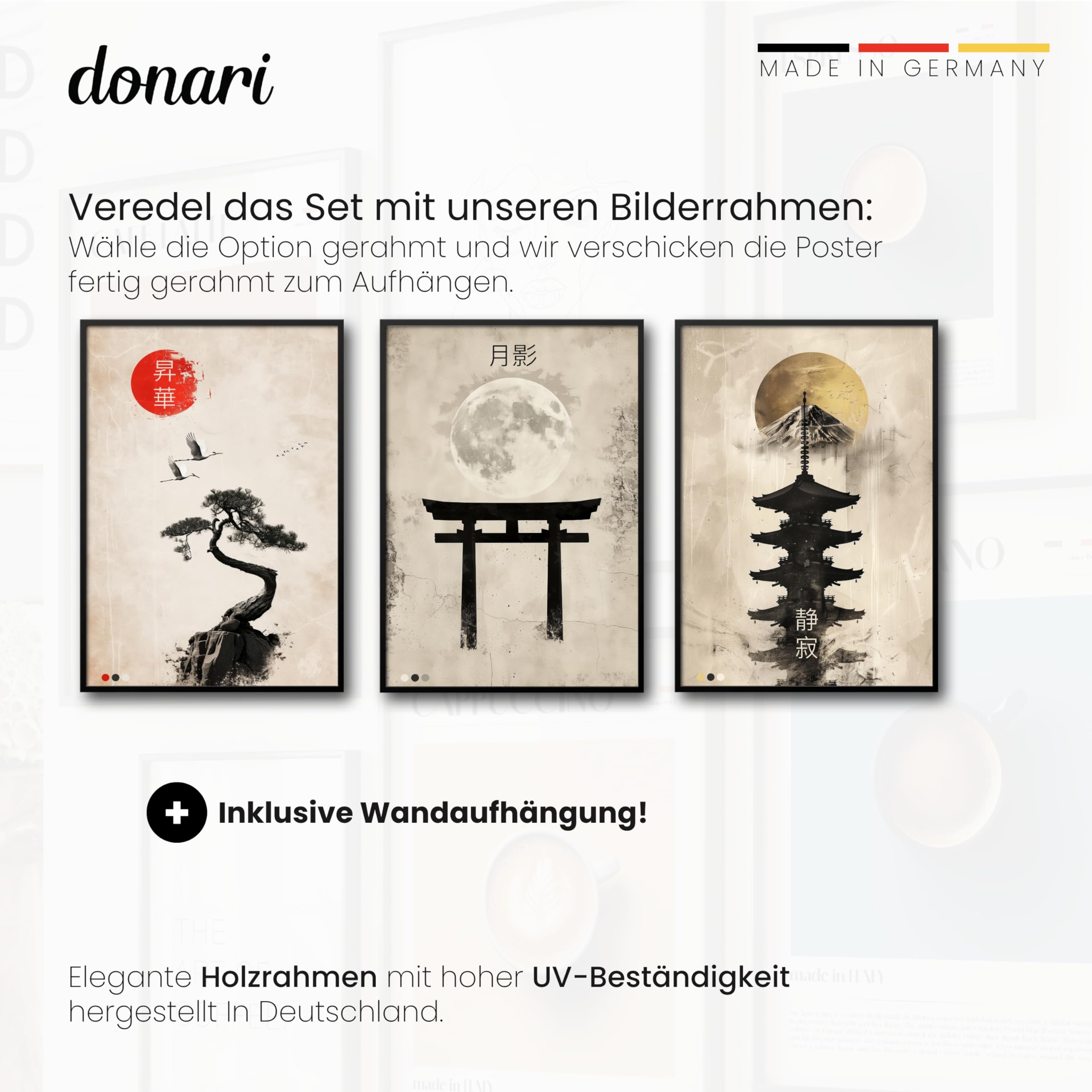 Donari Japan Poster Set – Wandbilder mit asiatischen Motiven | Kyoto, Tokio & traditionelle Kultur | Geschenkidee für Japan-Fans (Set 10, 30x40 cm | Schwarzer Rahmen, Gerahmt)