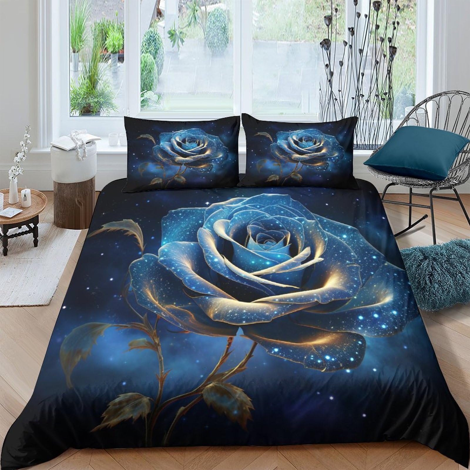 Crjus Style-14 Blue Rose 3 Pieces Duvet Cover Set 3D Printed Bedding Quilt Duvet Cover With Zipper Closure For, Ultra Soft Microfiber Bedding Double（200X200cm）