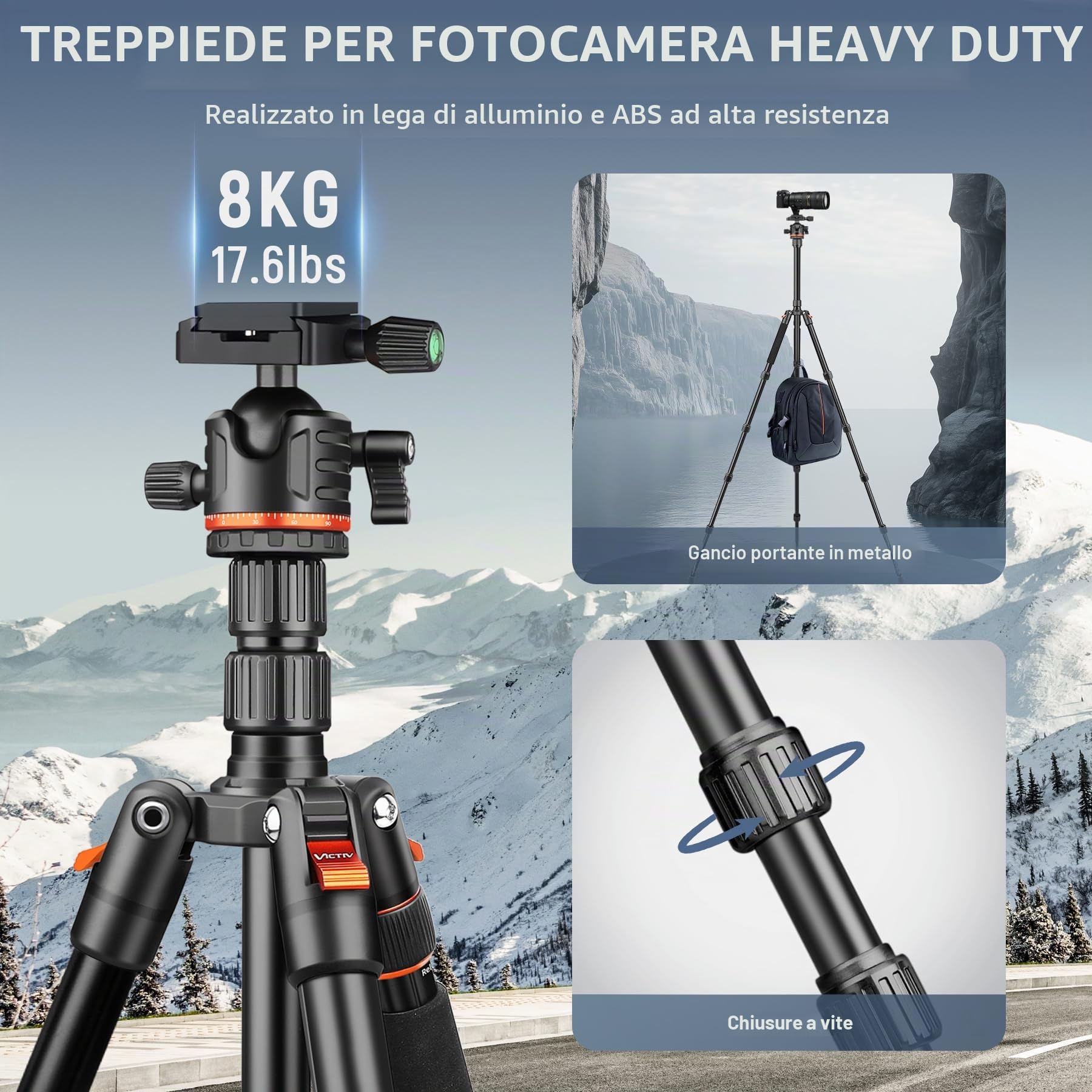 Victiv Treppiede Fotocamera e Smartphone 194cm, Cavalletto Fotografico per Sony Canon Nikon Compatto da Viaggio, Treppiede Reflex in Alluminio Premium Supporta la Fotografia Panoramica a 360°