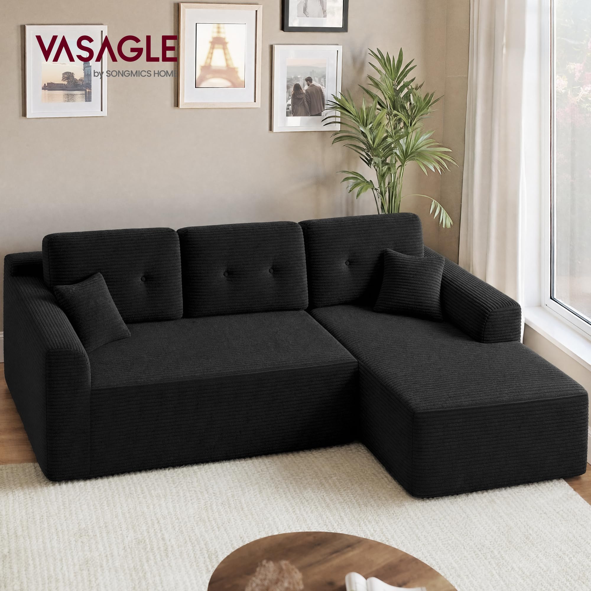 VASAGLE Sofá Esquinero, Sofá Modular de 244 cm, Entrega Compacta, Sin Montaje, con Gran Chaise Longue a la Derecha, para Salón o Habitación de Invitados, Negro, LCS184B101