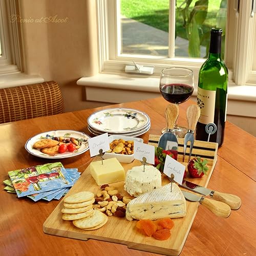 Miniatura 4 de Picnic at Ascot - Tabla de madera para quesos y aperitivos, con grabado personalizado, 4 cuchillos de queso, marcadores de queso y plato de