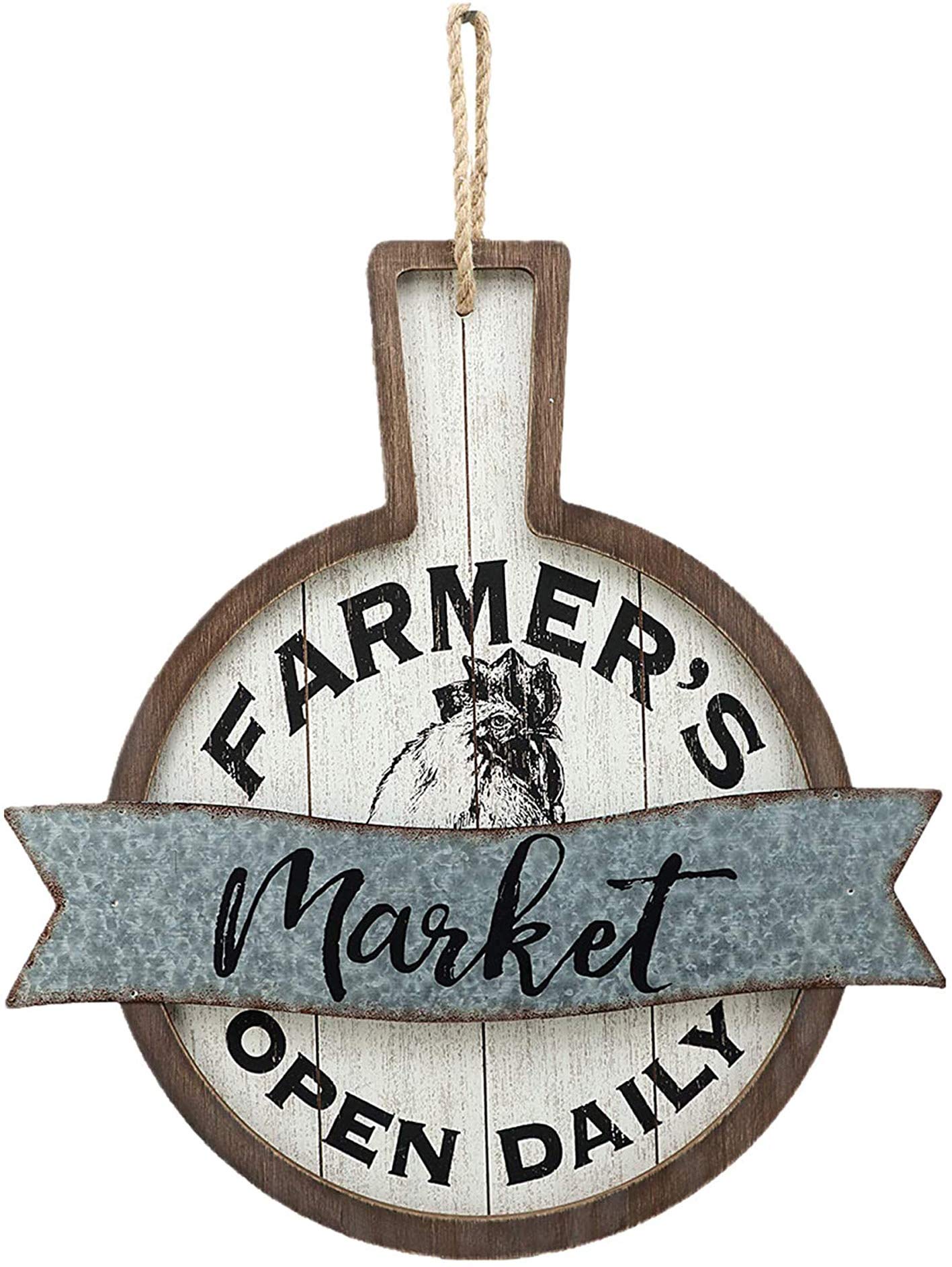 Wood and Metal Circular Signs|Rustic Farmhouse Kitchen Wood Sign Plaque Wall Hanging Decor with Words-Farmer's Market Open Daily