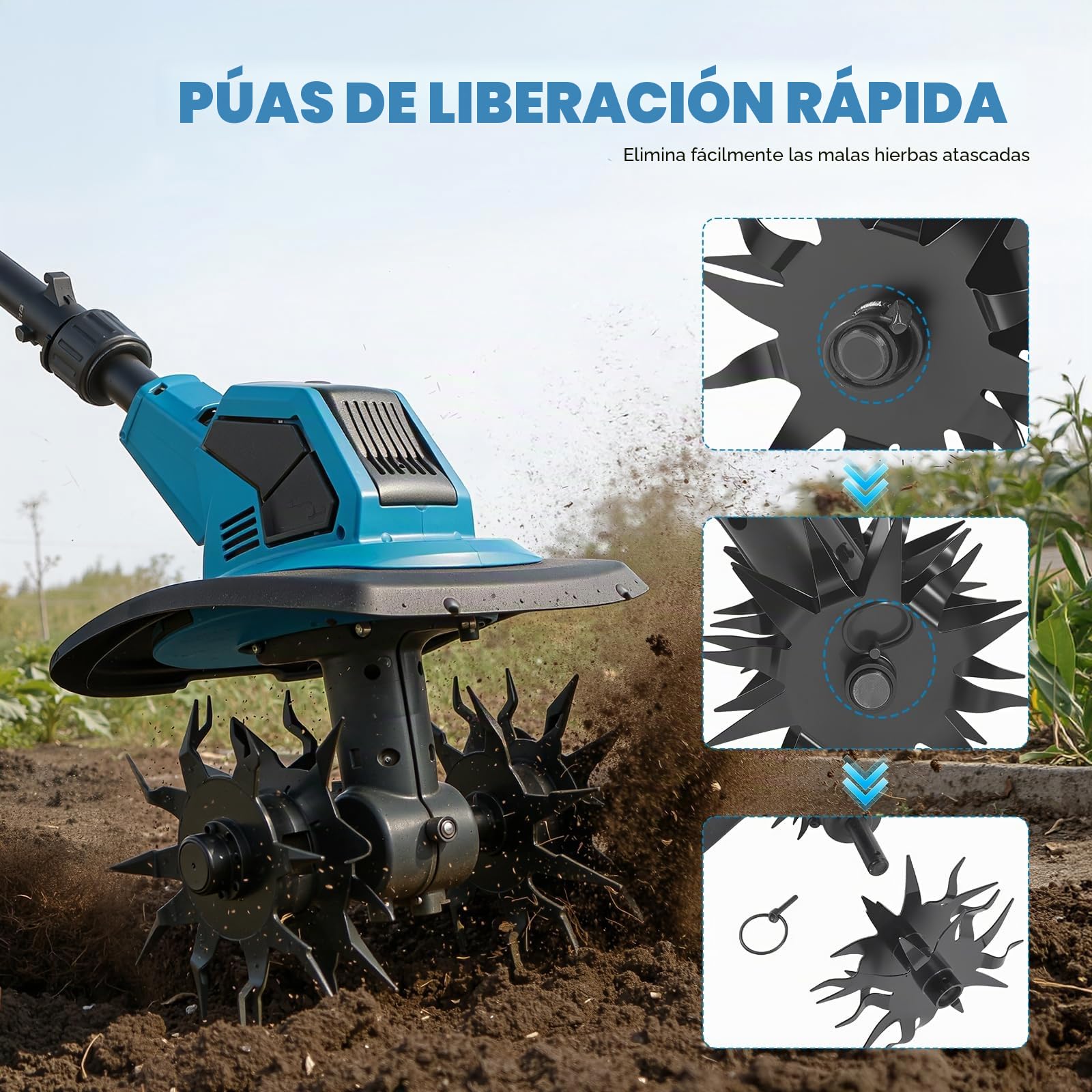 Motoazada Eléctrica Cultivador 2 en 1 con Batería, Micro Rotavator Portátil para Hogar y Jardín, Profundidad Ajustable 17cm, Ancho de Trabajo 23cm, Interruptor de Seguridad