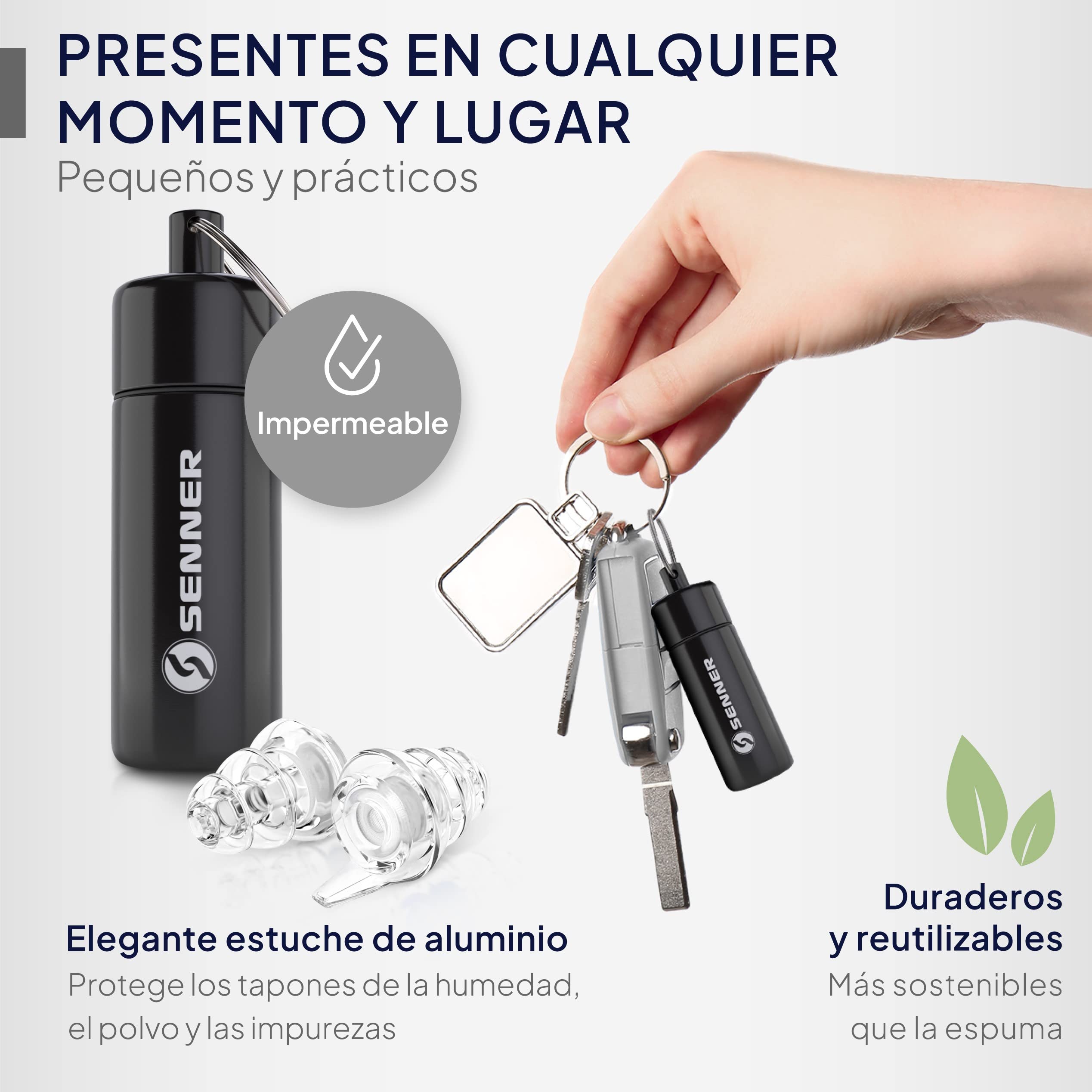 Senner ® MusicPro | Tapones auditivos para festivales, conciertos y discotecas - Tapones para música y músicos, reutilizables, transparentes, con estuche de aluminio