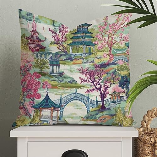 Funda de almohada europea de pagoda chinoiserie, funda de almohada inspirada en Asia, funda de cojín blanca, azul, coral, 18 x 18 pulgadas, funda de