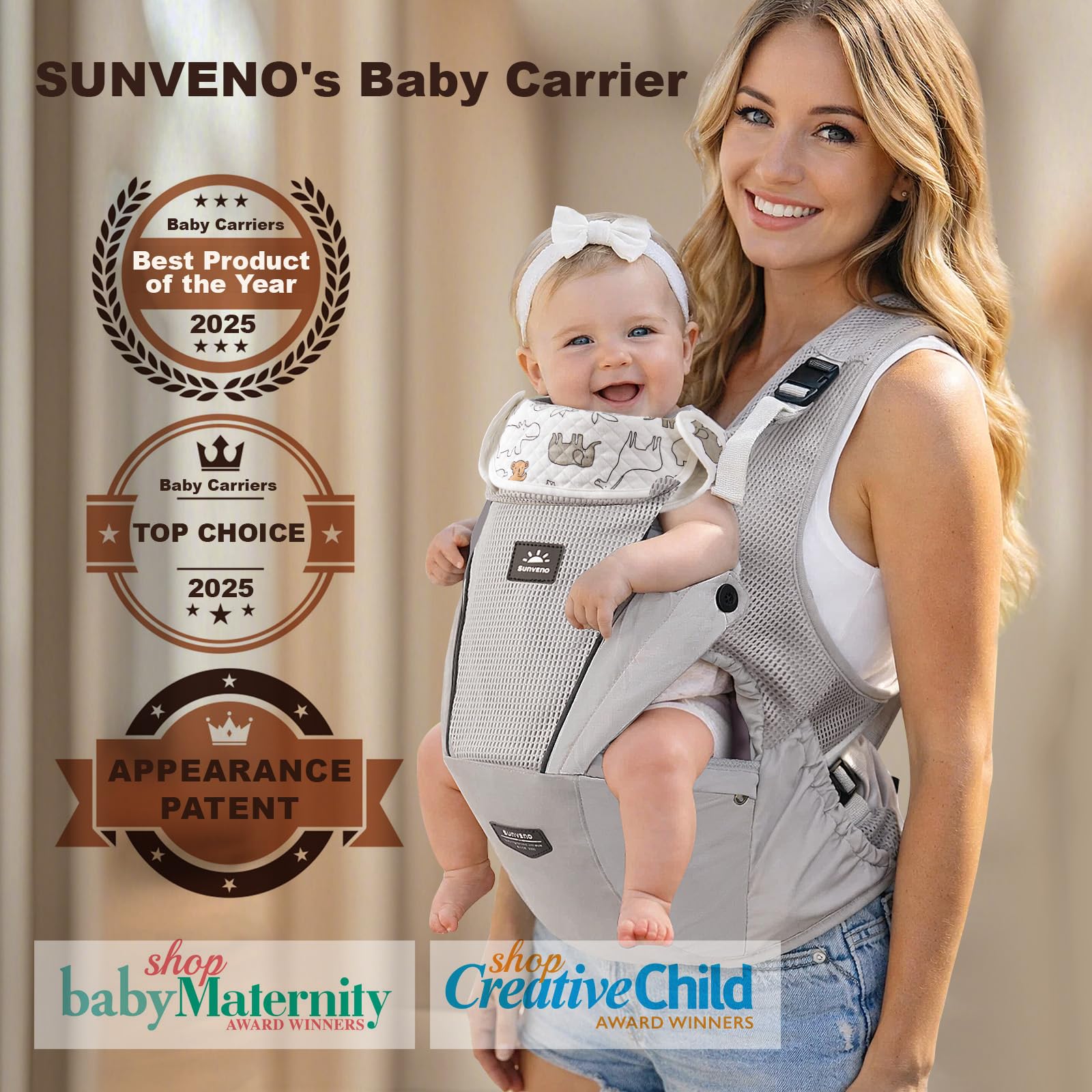 SUNVENO Portabebés para recién nacidos a niños pequeños – Portabebés de malla transpirable certificado CPC, soporta 7-45 libras para transporte delantero y trasero con cintura ajustable, para todas