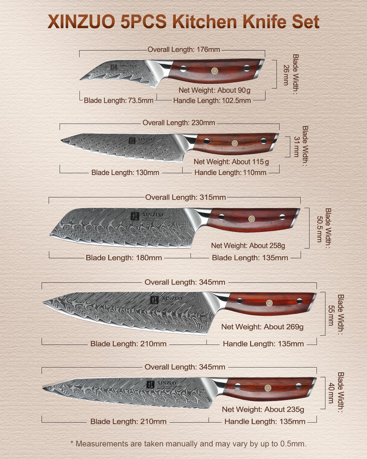 XINZUO 5 Pièces Ensemble de Couteaux de Cuisine,Haute Qualité Tranchants Japon Couteau de Cuisine Acier Damas Couteau de Chef Santoku Universel Fruit Couteau à Pain avec Rosewood Poignée-Yi Série
