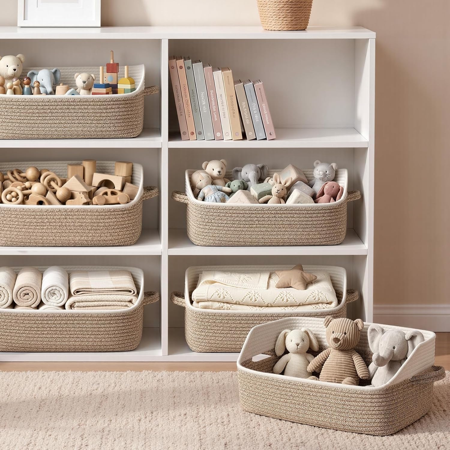6 Pack Closet Storage Baskets for Organizing, Trapezoid Woven Baskets with Handles for Shelves, Perfect for Toys, Clothes, Blankets, Cotton Rope Bins for Clothing Storage, 17.72''Lx14.17''Wx13.39''H