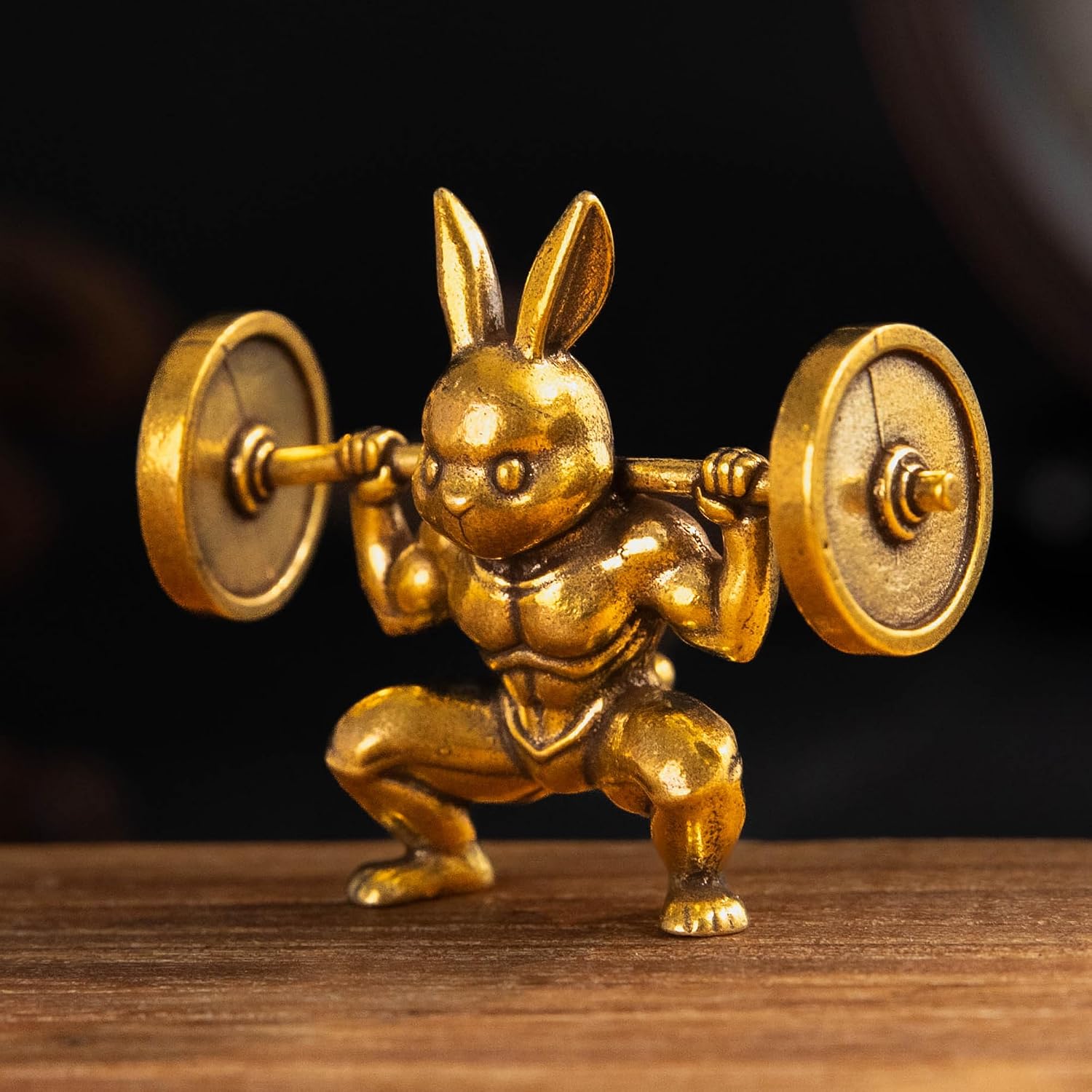 Vintage Solid Brass Miniature Gym Bunny Sculpture, Weightlifting Rabbit Figurine, Funny Motivational Desk Decor, Collectible Art Gift for Fitness Lovers Home Office image 2