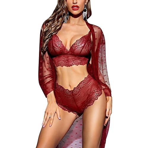 RSLOVE Women Sexy Lingerie Set 3 Piece Lace Kimono Robe with Bra and Panty Sheer Sleepwear