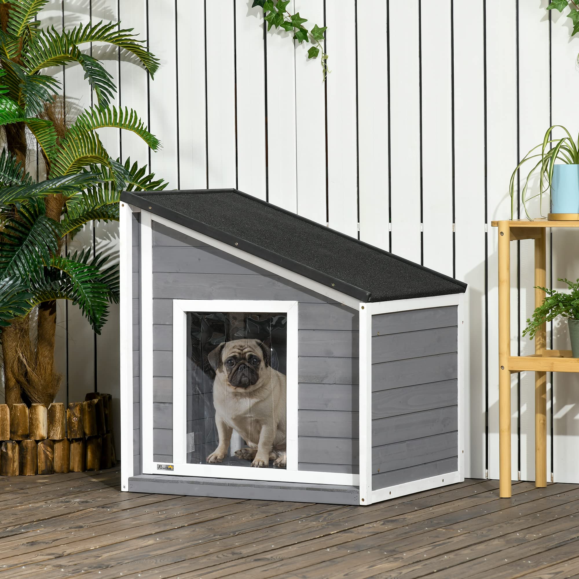 PawHut Hundehütte Outdoor aus Holz, Hundehaus mit zu öffnendem Asphaltdach und Türvorhang, Wetterbeständig Kleintierhaus für kleine Hunde, draußen, Grau, 71 x 58 x 53/77 cm